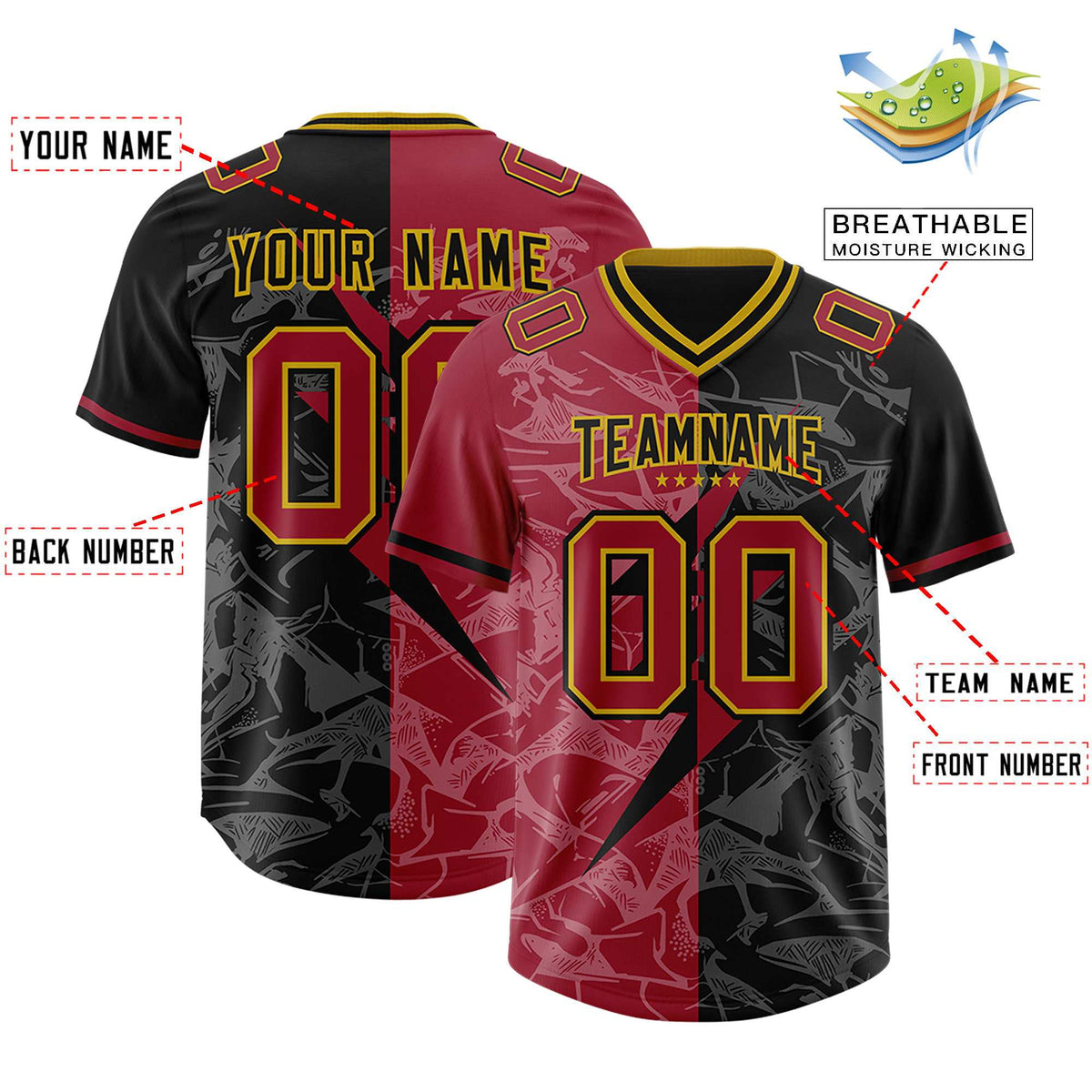 Custom Black Cardinal Split Personalized Lightning Pattern American Football Jersey