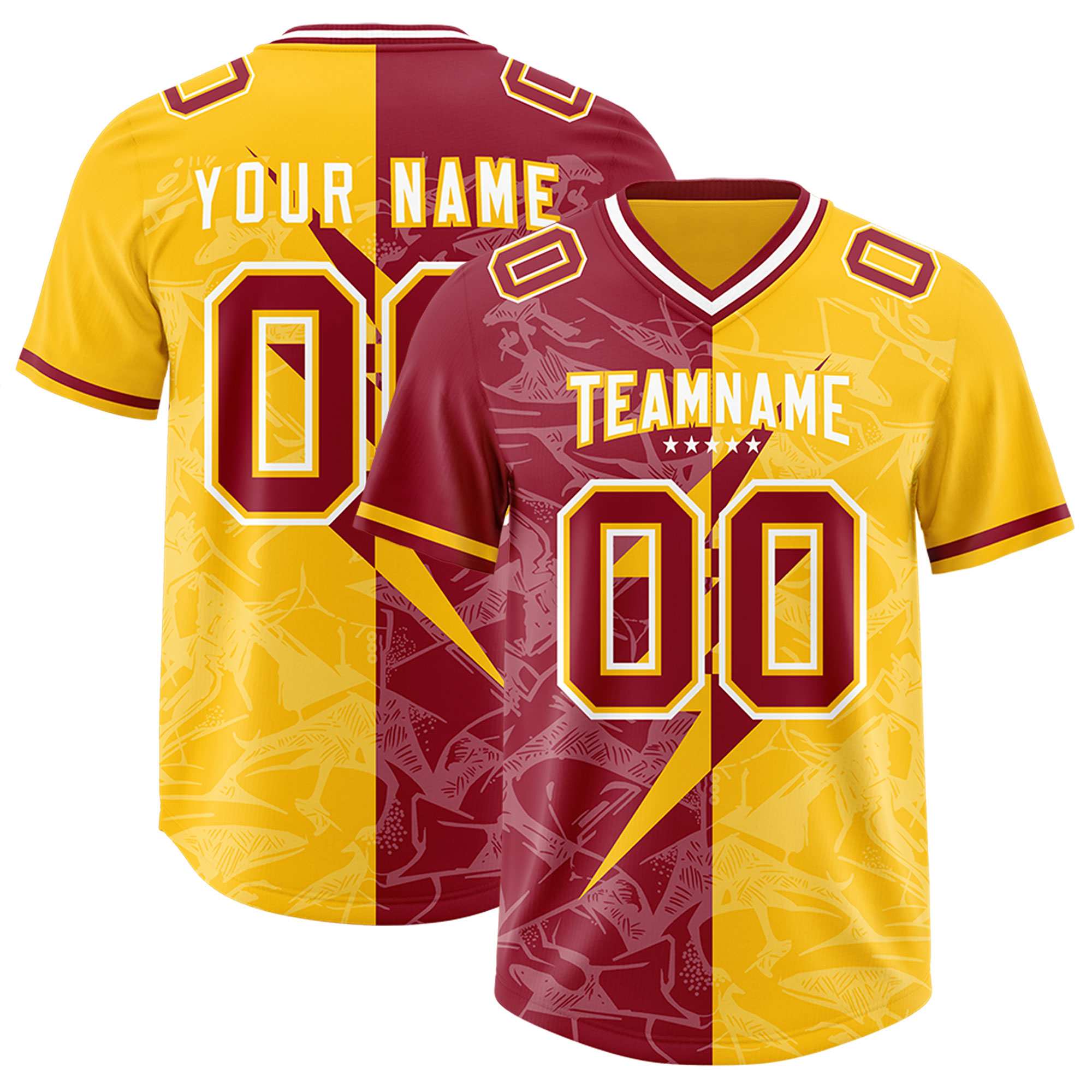Custom Yellow Cardinal Split Personalized Lightning Pattern American Football Jersey