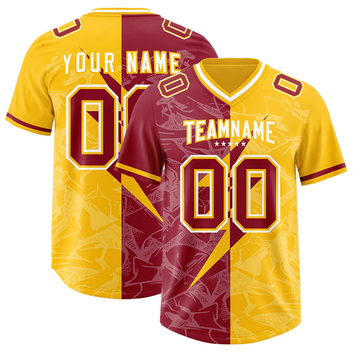 Custom Yellow Cardinal Split Personalized Lightning Pattern American Football Jersey