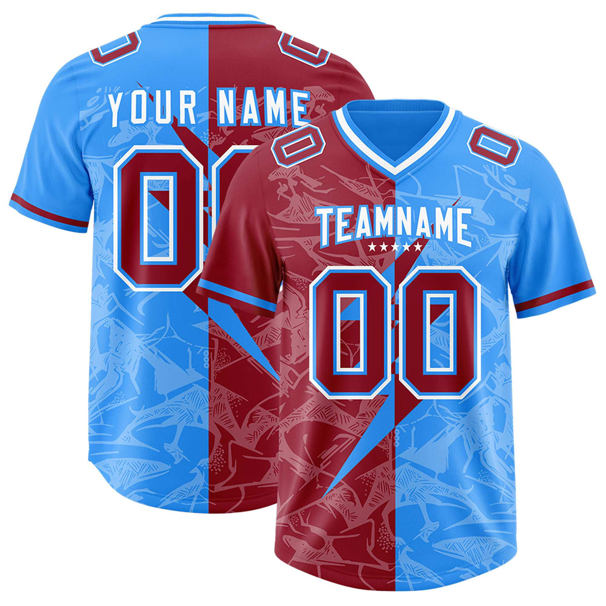 Custom Light Blue Cardinal Split Personalized Lightning Pattern American Football Jersey