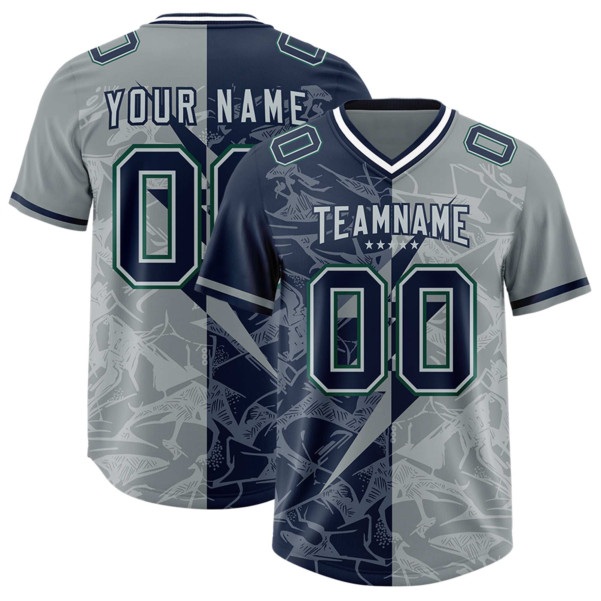 Custom Navy Gray Split Personalized Lightning Pattern American Football Jersey