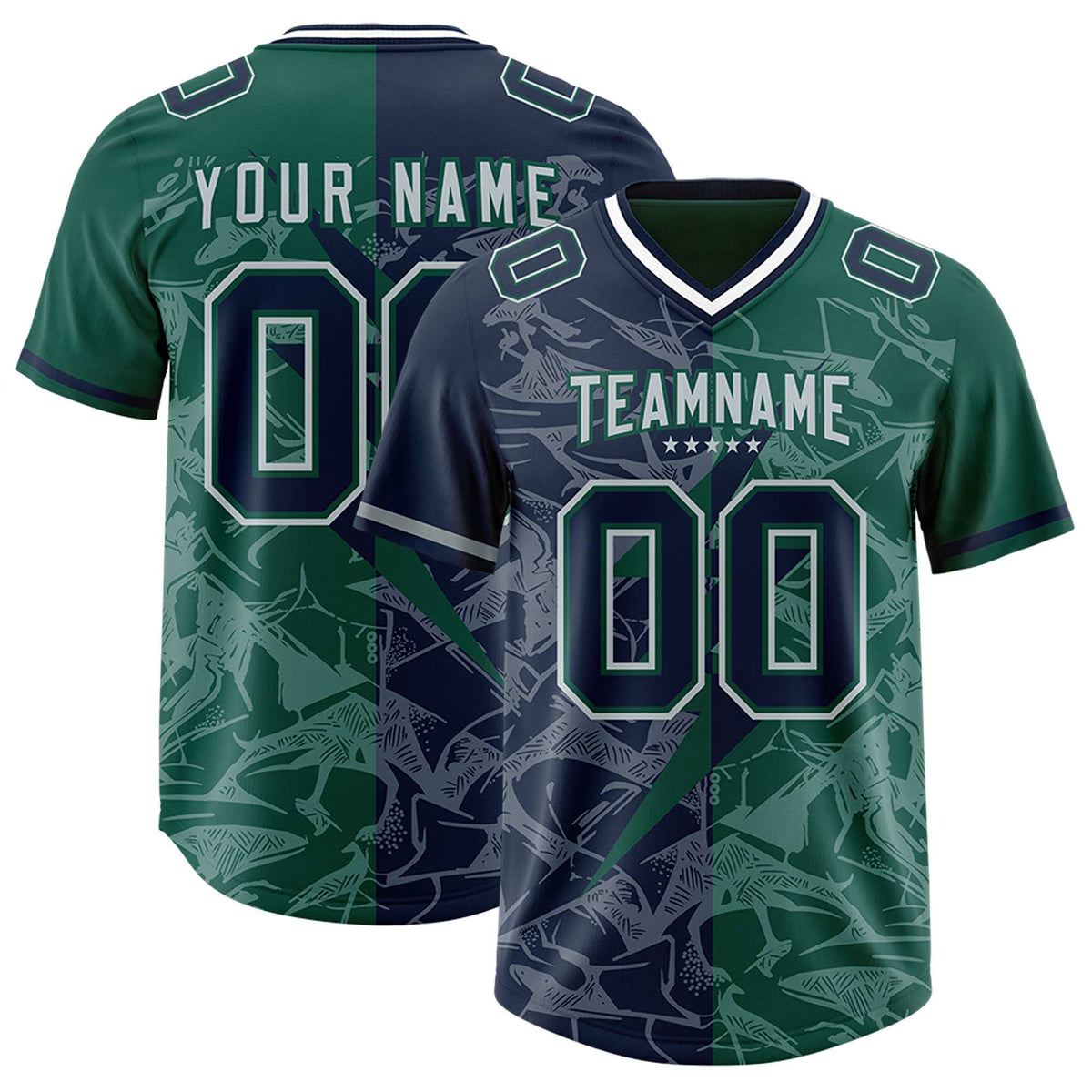 Custom Green Navy Split Personalized Lightning Pattern American Football Jersey