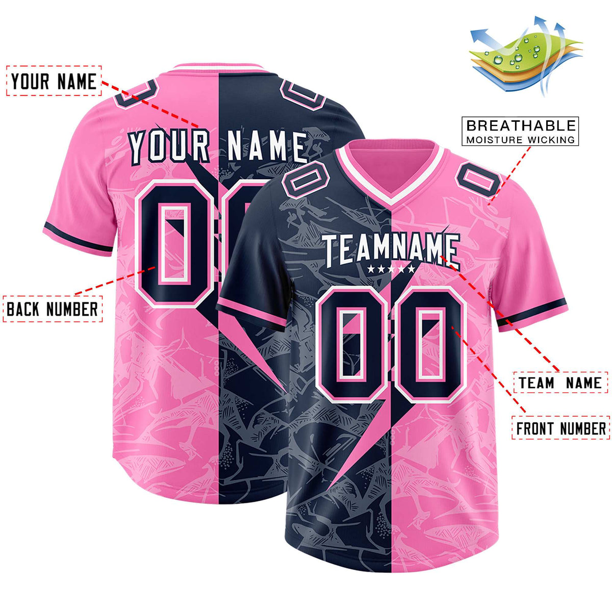 Custom Pink Navy Split Personalized Lightning Pattern American Football Jersey