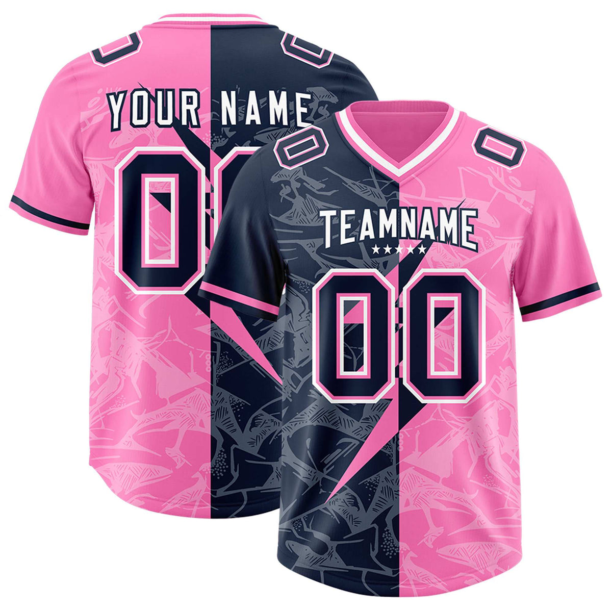 Custom Pink Navy Split Personalized Lightning Pattern American Football Jersey