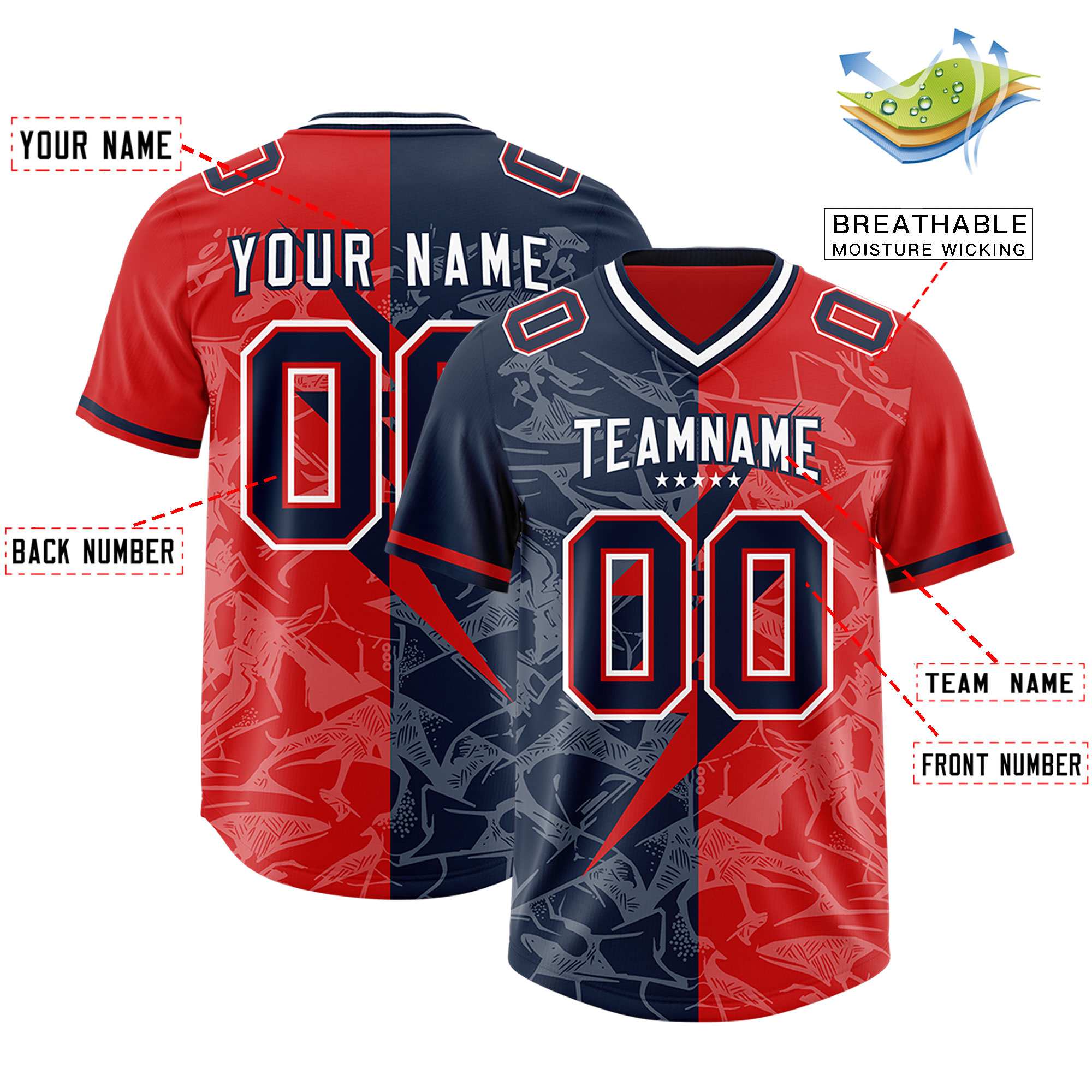 Custom Red Navy Split Personalized Lightning Pattern American Football Jersey