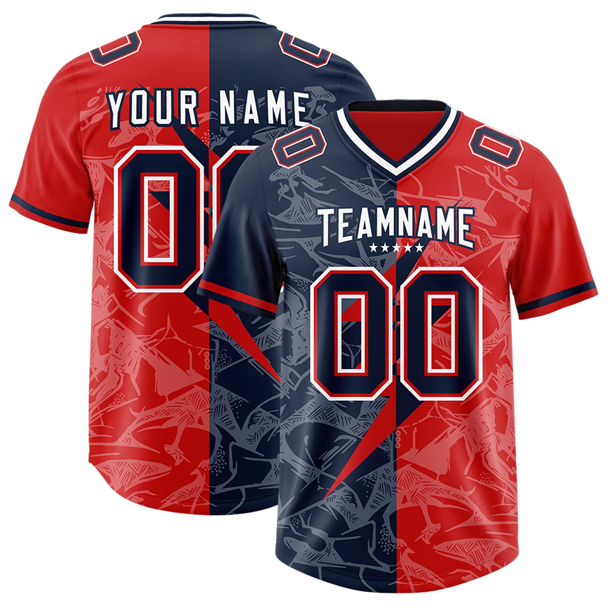 Custom Red Navy Split Personalized Lightning Pattern American Football Jersey