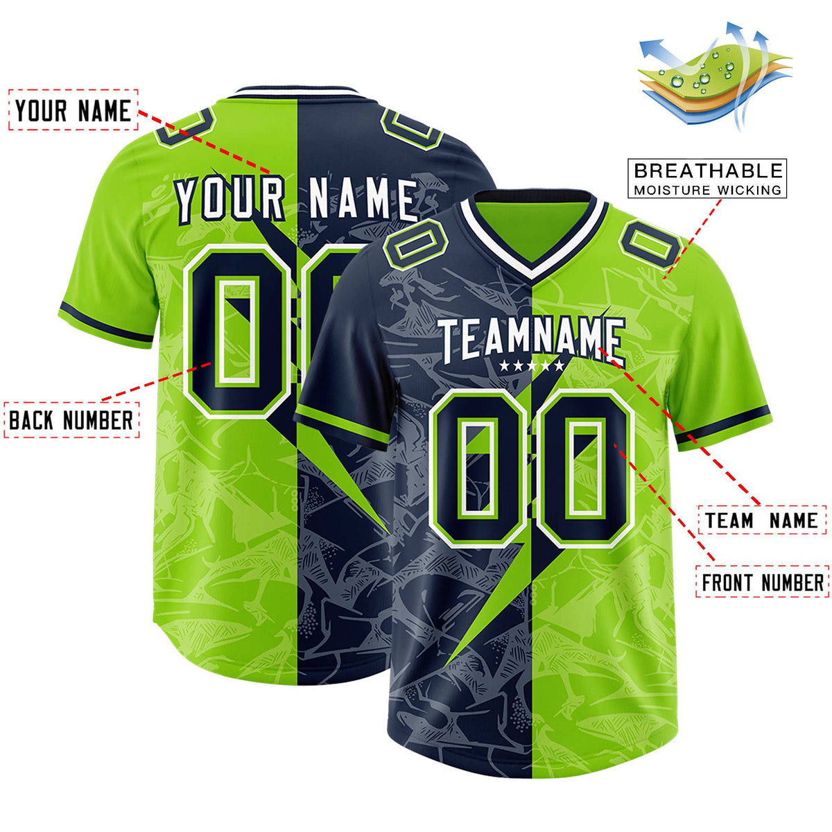Custom Neon Green Navy Split Personalized Lightning Pattern American Football Jersey