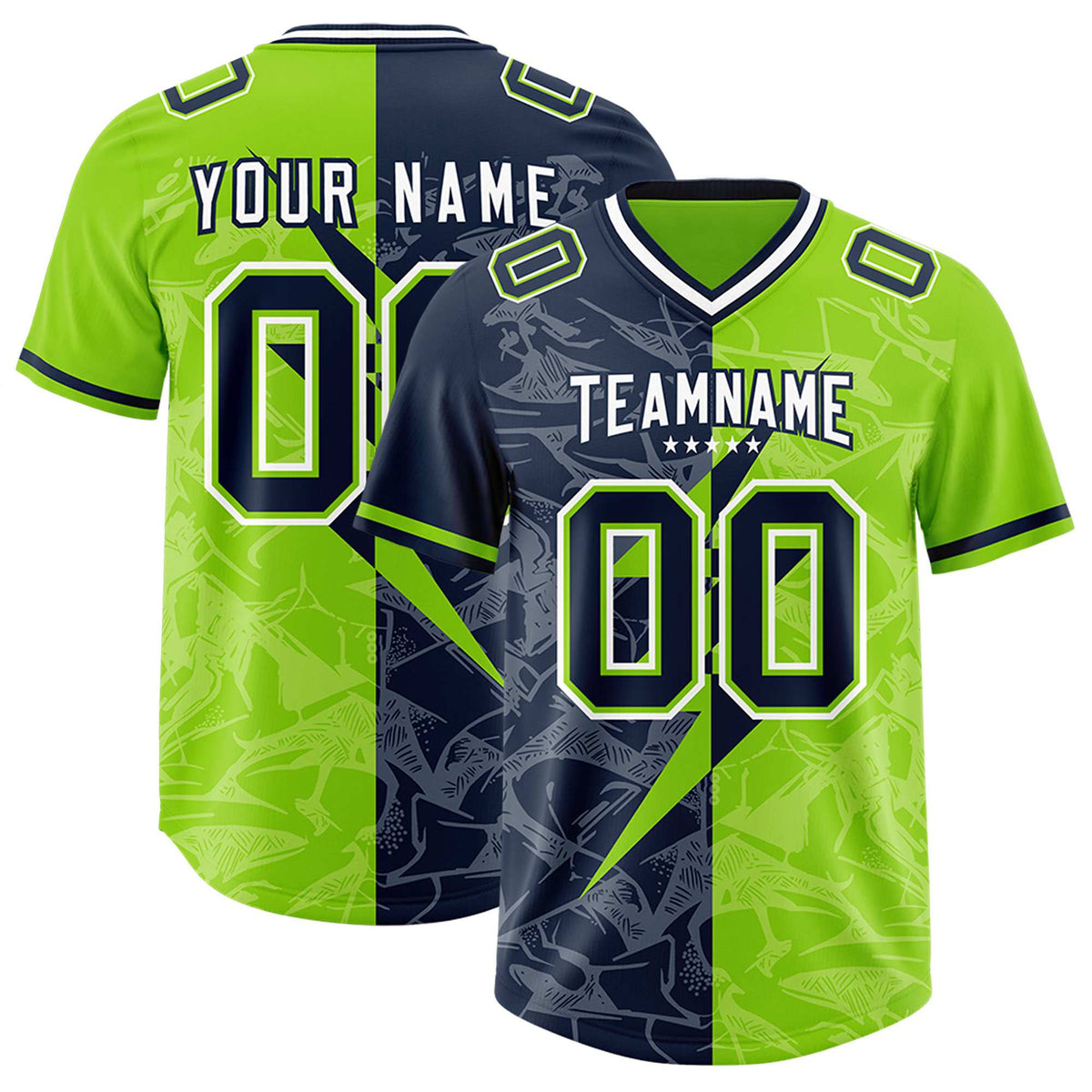Custom Neon Green Navy Split Personalized Lightning Pattern American Football Jersey