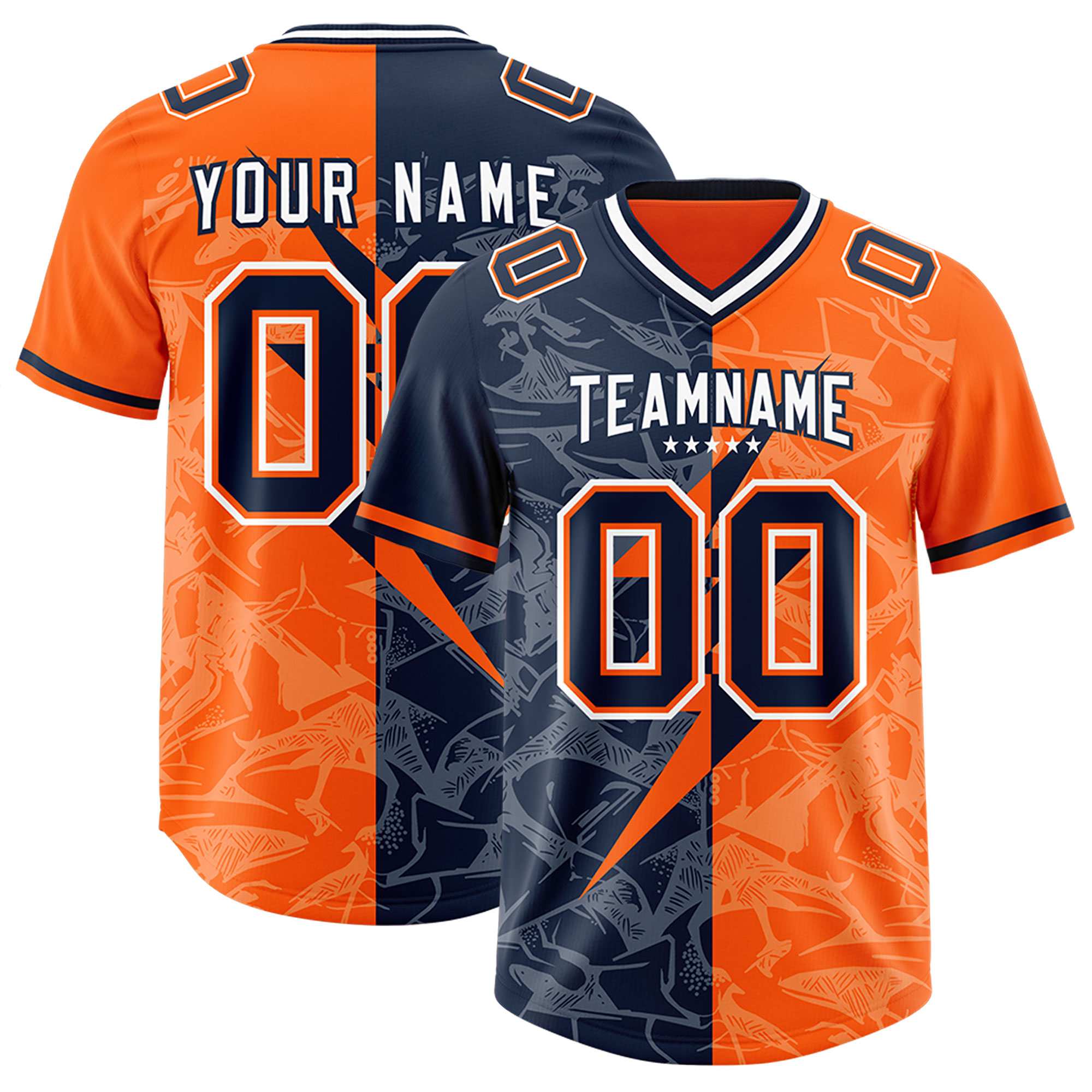 Custom Orange Navy Split Personalized Lightning Pattern American Football Jersey