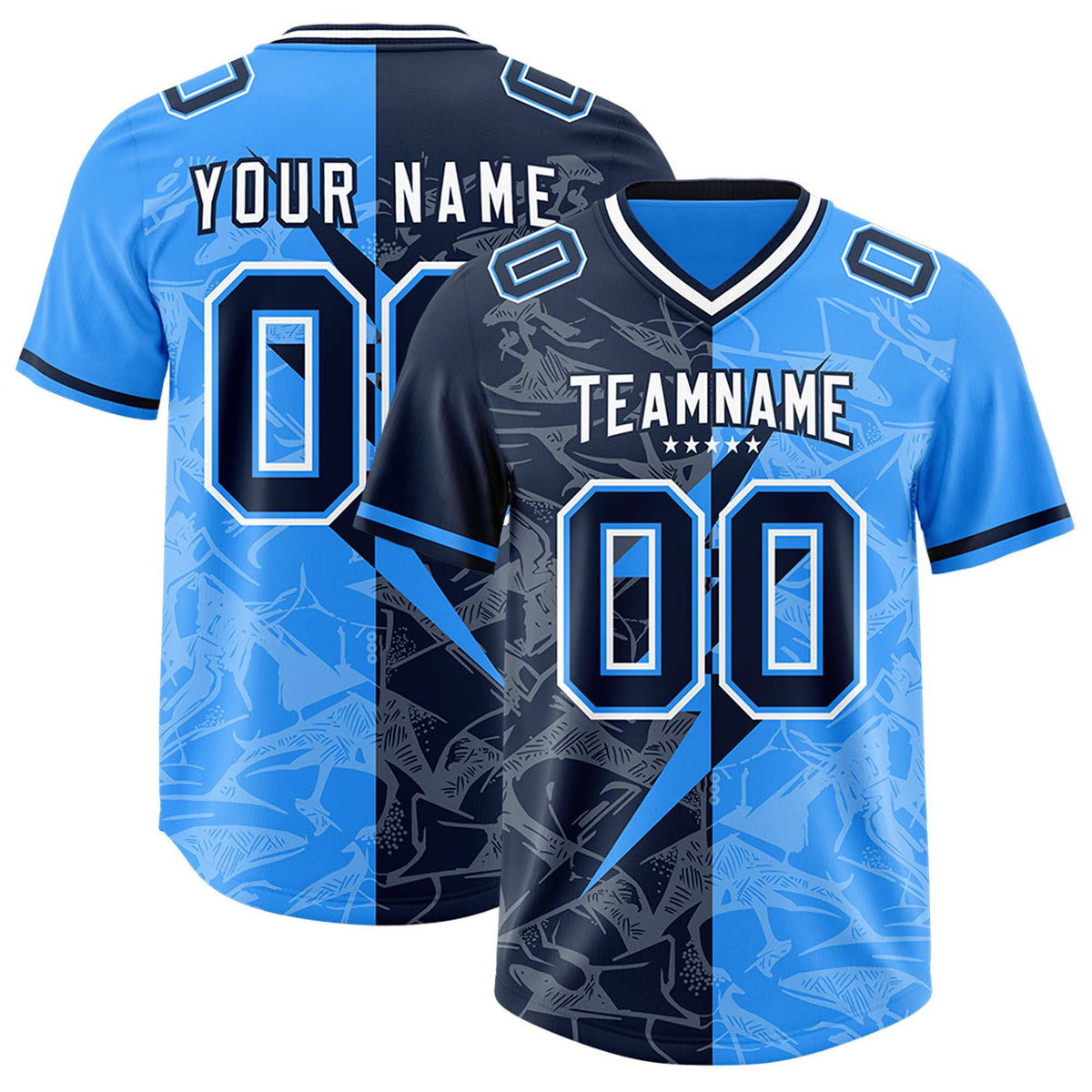 Custom Light Blue Navy Split Personalized Lightning Pattern American Football Jersey