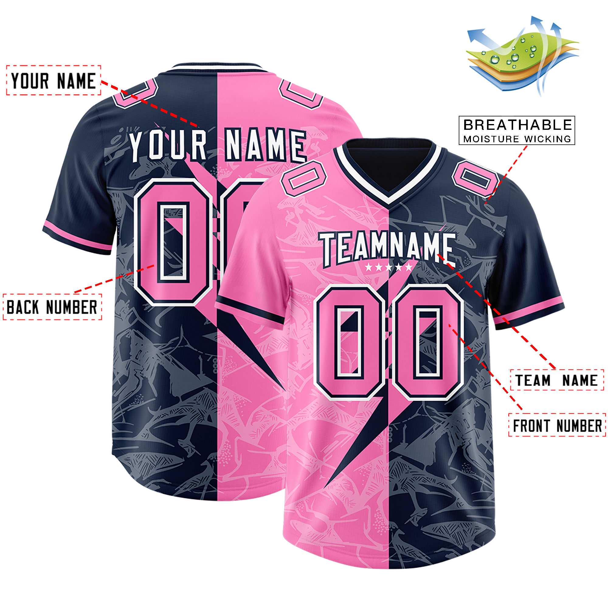 Custom Navy Pink Split Personalized Lightning Pattern American Football Jersey
