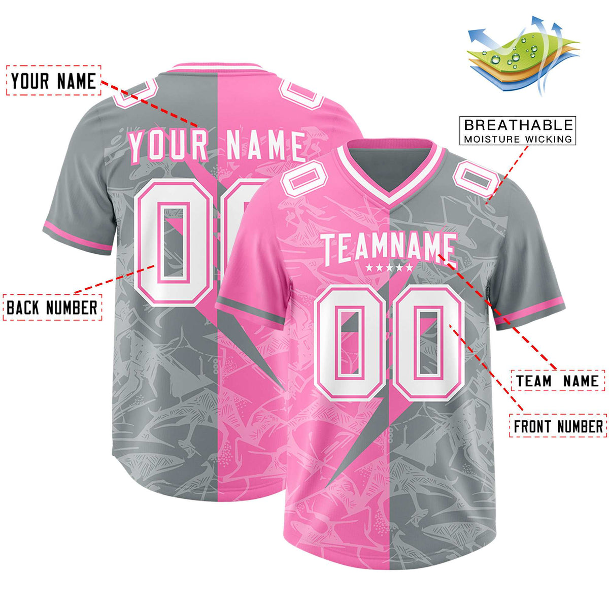 Custom Gray Pink Split Personalized Lightning Pattern American Football Jersey