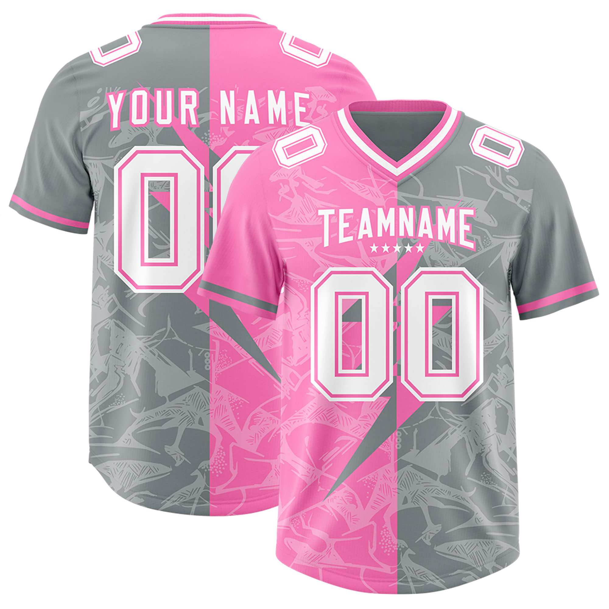 Custom Gray Pink Split Personalized Lightning Pattern American Football Jersey