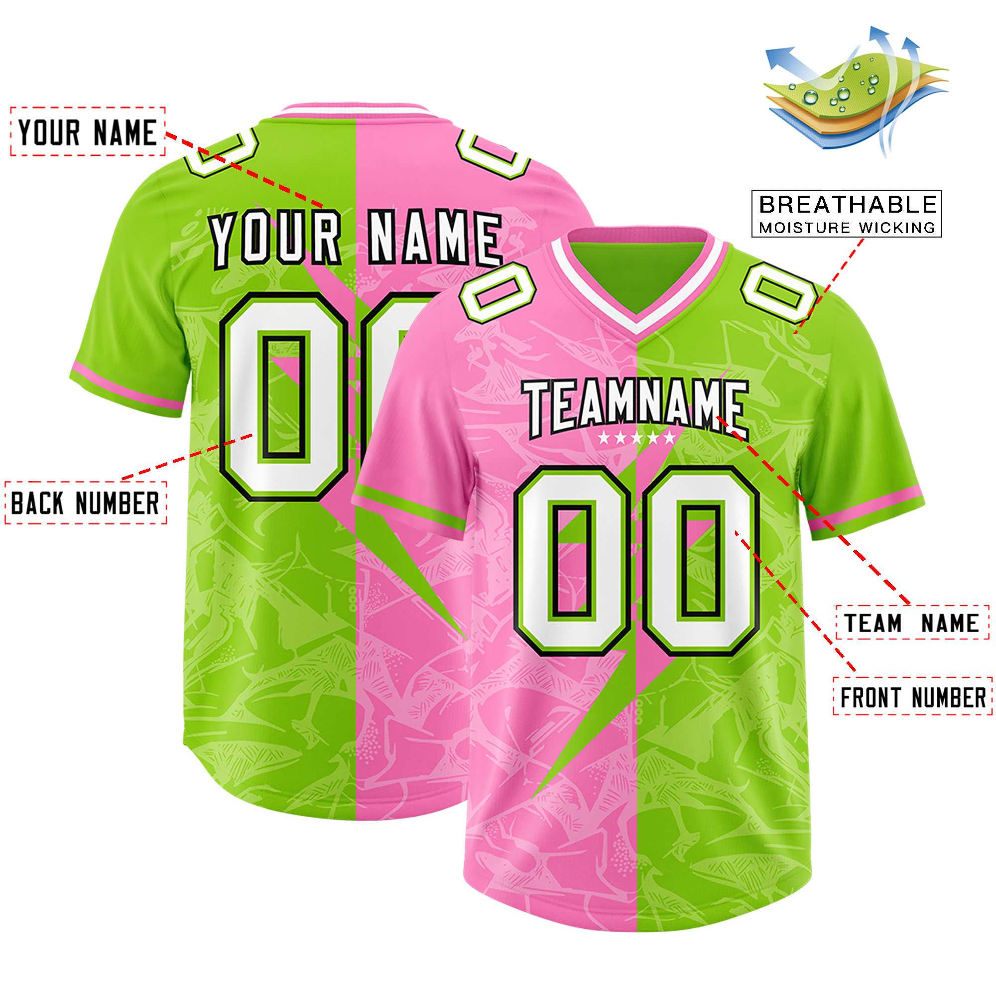 Custom Neon Green Pink Split Personalized Lightning Pattern American Football Jersey