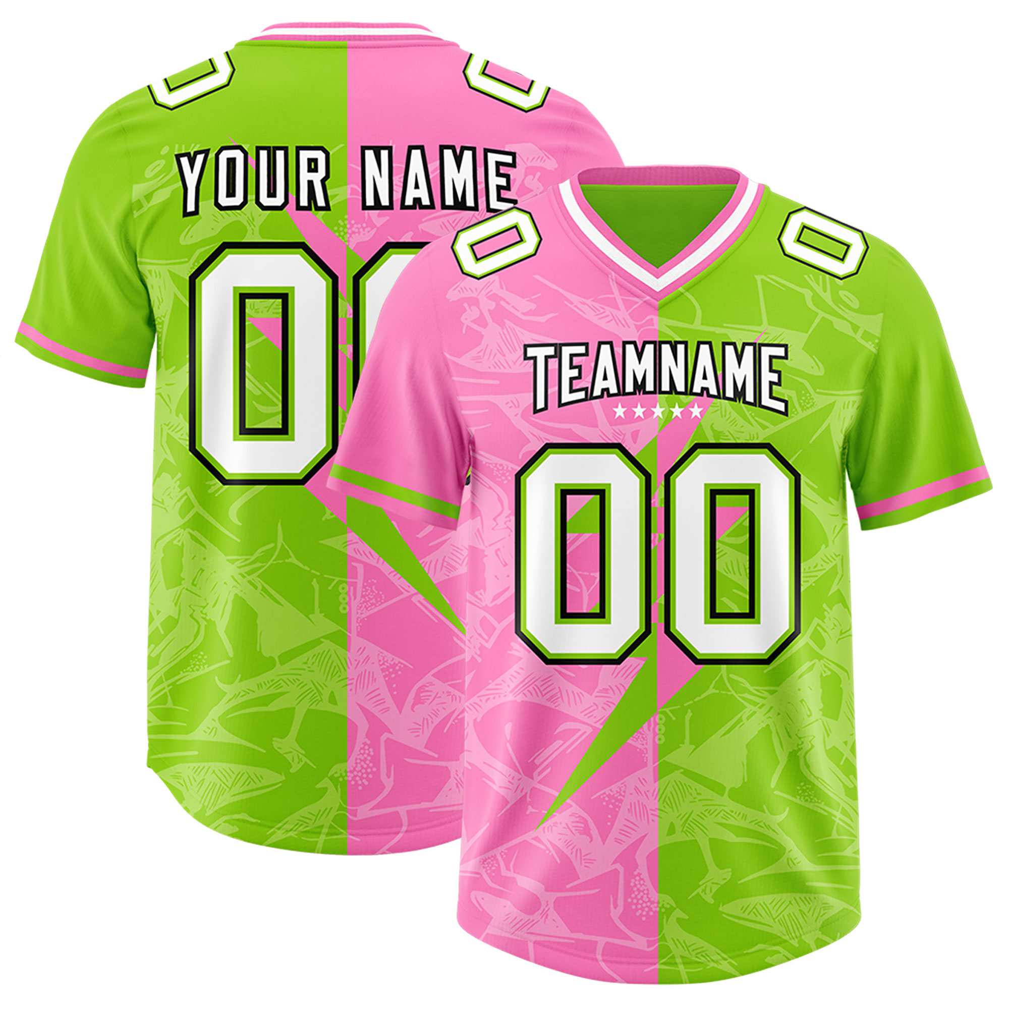 Custom Neon Green Pink Split Personalized Lightning Pattern American Football Jersey