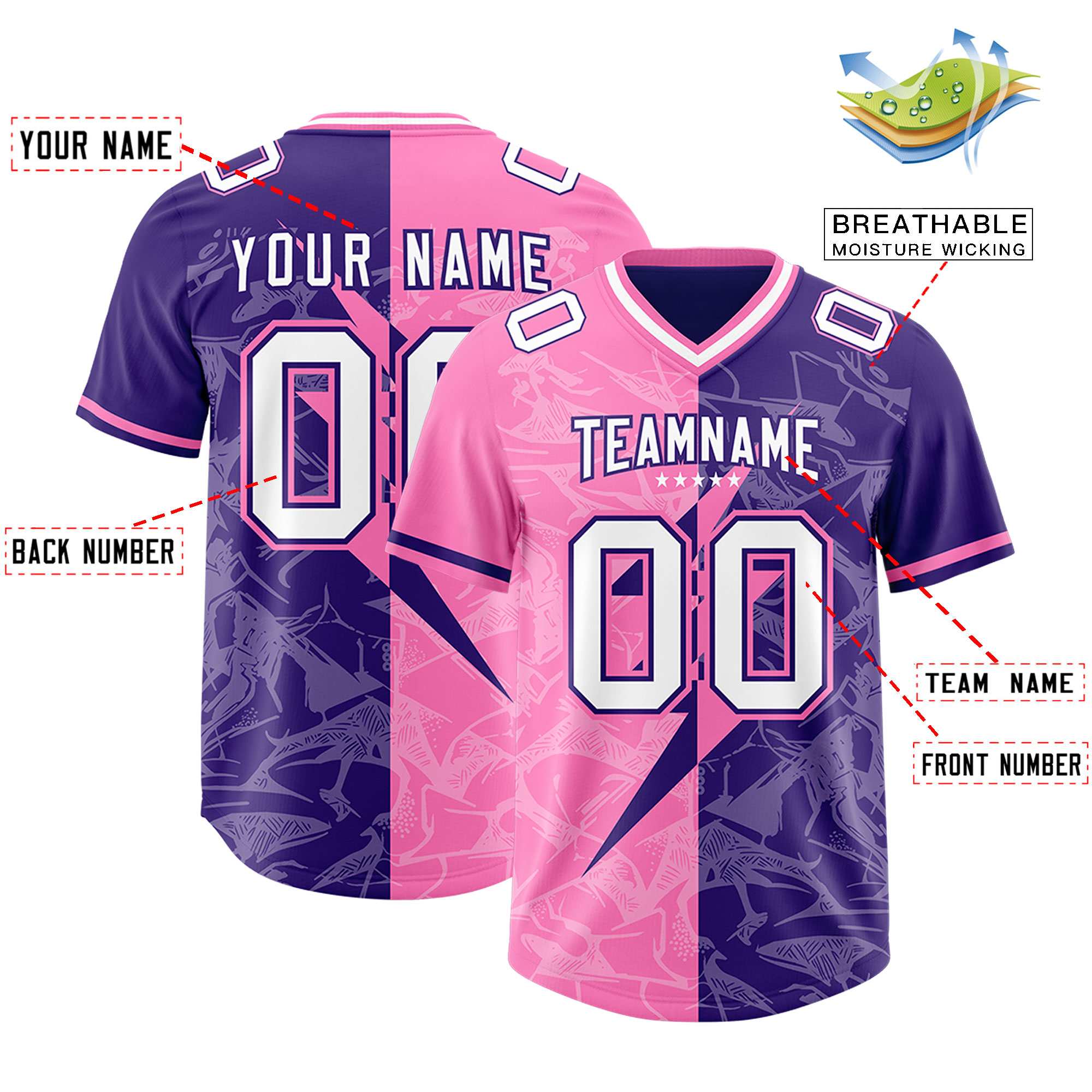 Custom Purple Pink Split Personalized Lightning Pattern American Football Jersey