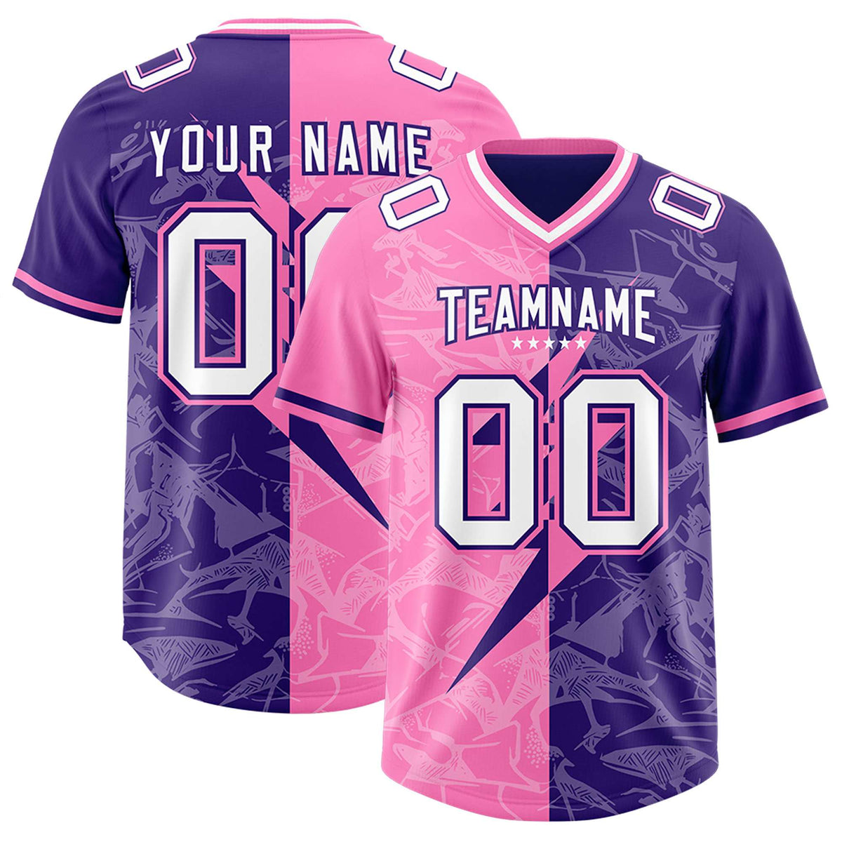 Custom Purple Pink Split Personalized Lightning Pattern American Football Jersey