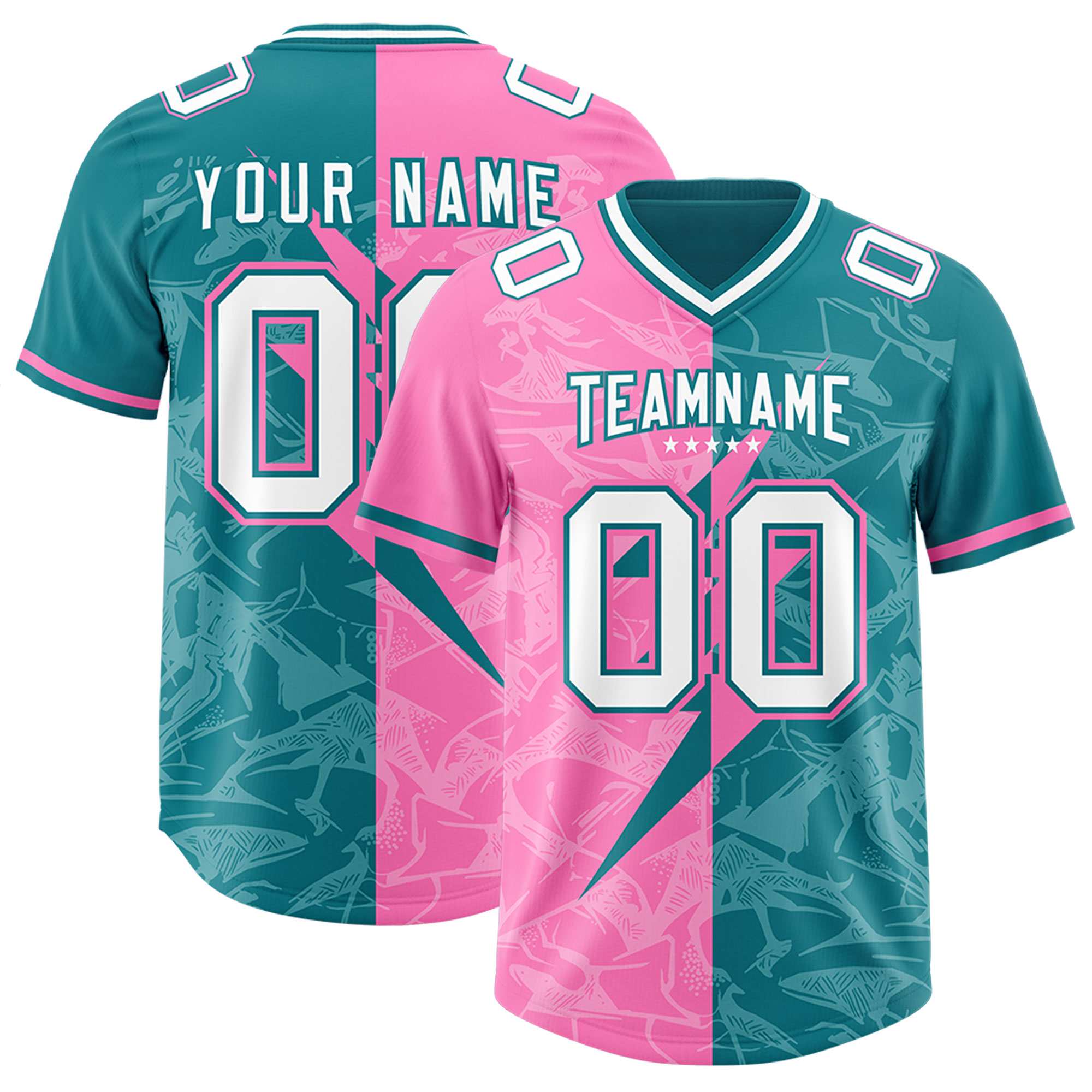 Custom Aqua Pink Split Personalized Lightning Pattern American Football Jersey