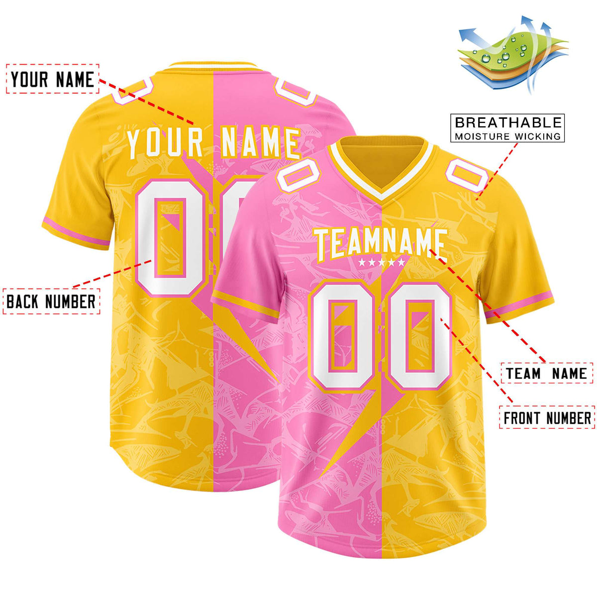 Custom Yellow Pink Split Personalized Lightning Pattern American Football Jersey