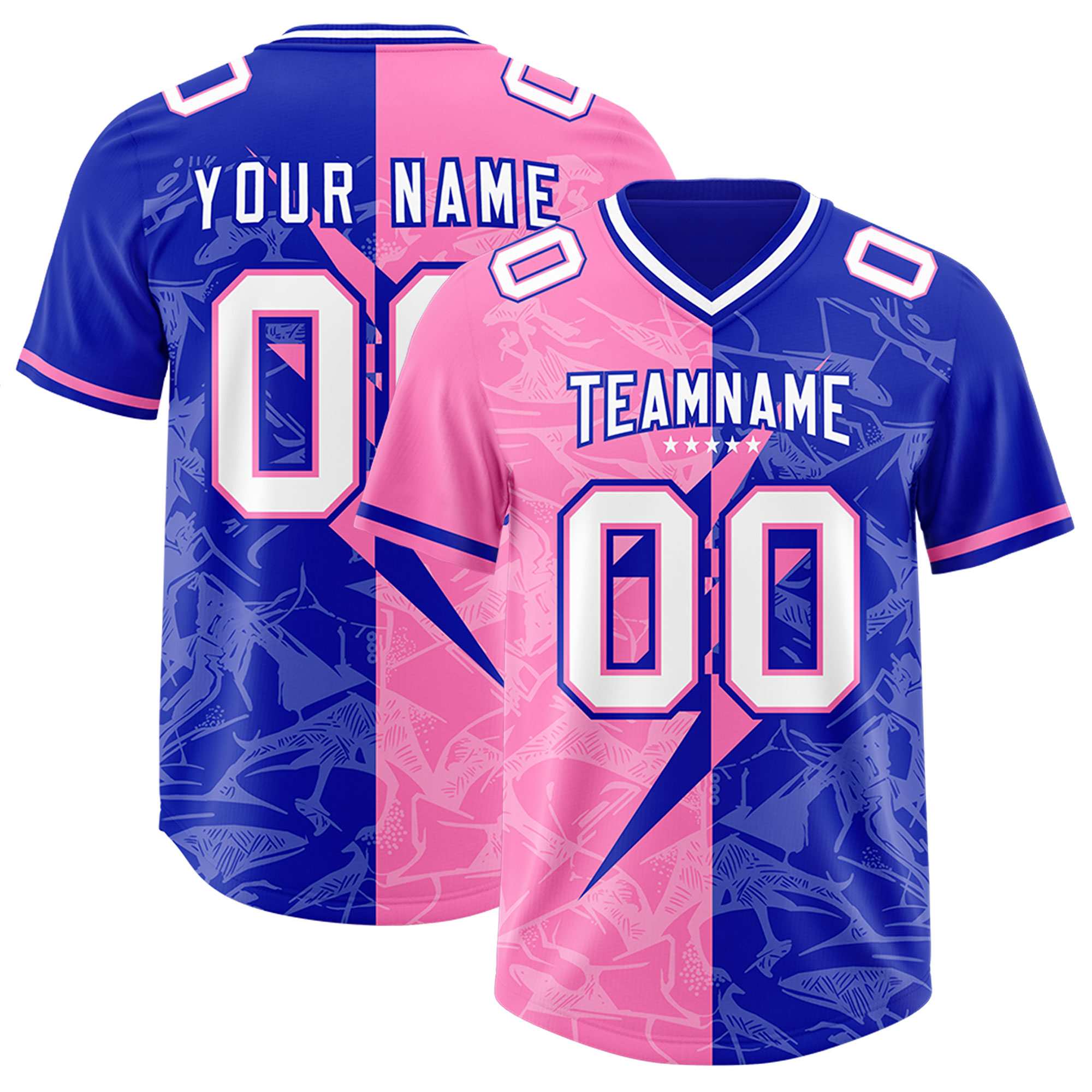 Custom Royal Pink Split Personalized Lightning Pattern American Football Jersey