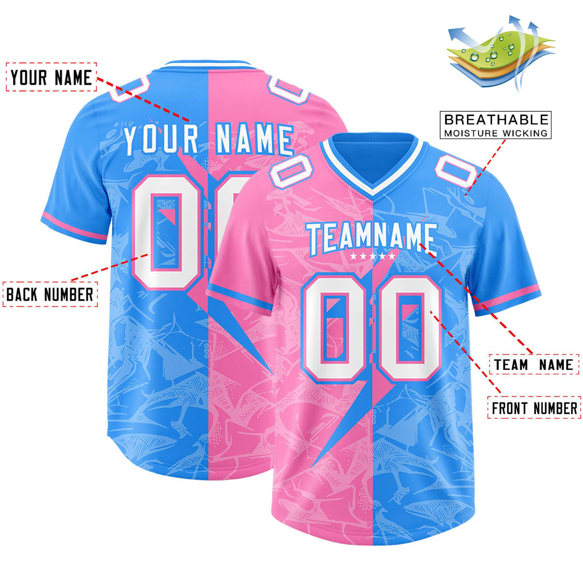 Custom Light Blue Pink Split Personalized Lightning Pattern American Football Jersey