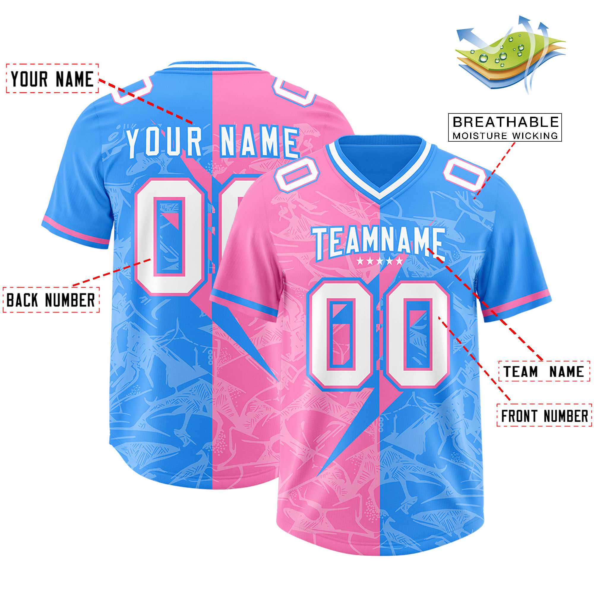 Custom Light Blue Pink Split Personalized Lightning Pattern American Football Jersey
