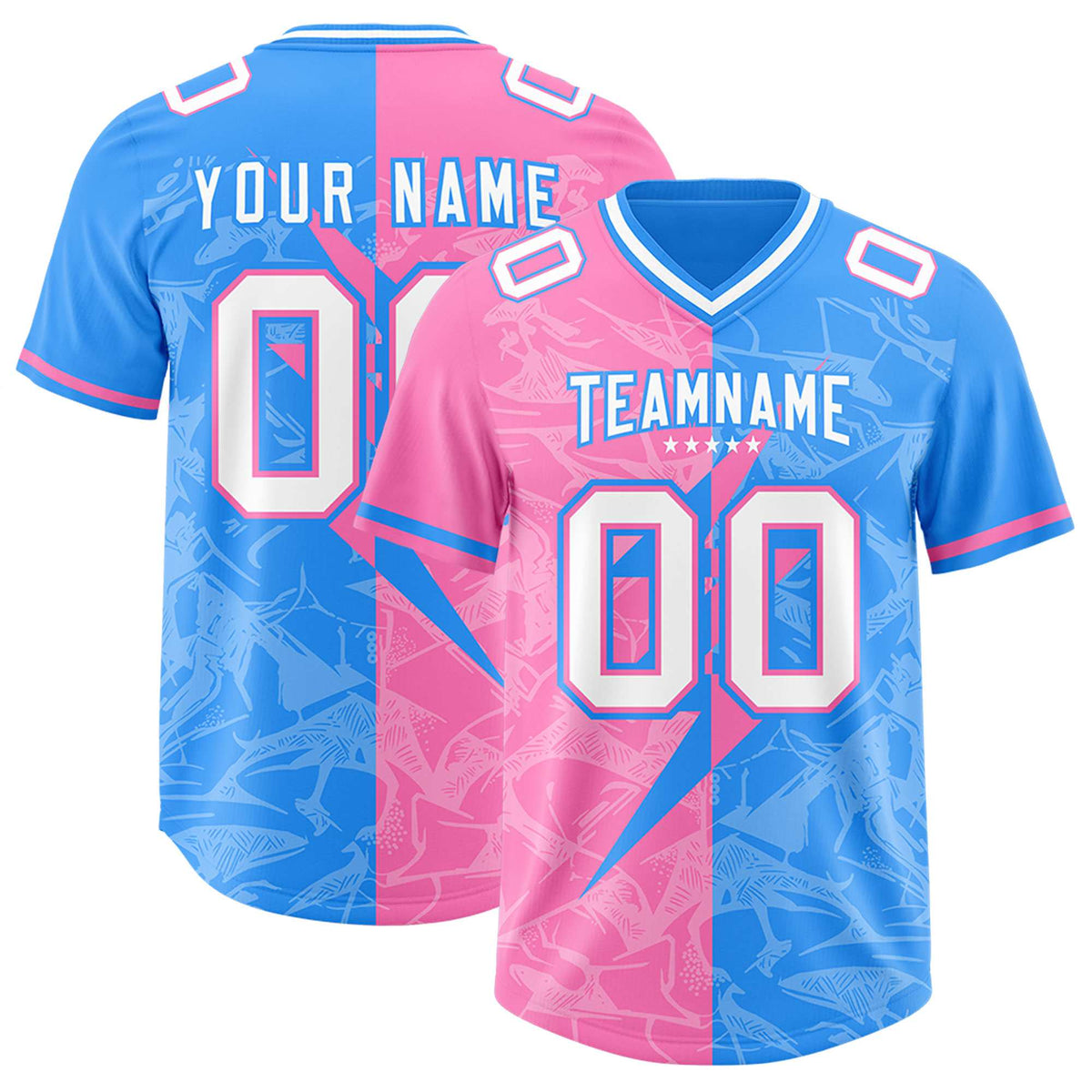 Custom Light Blue Pink Split Personalized Lightning Pattern American Football Jersey