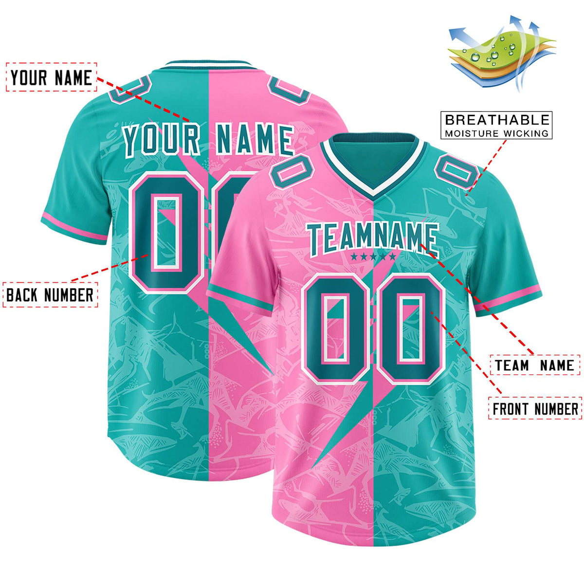Custom Aqua Pink Split Personalized Lightning Pattern American Football Jersey