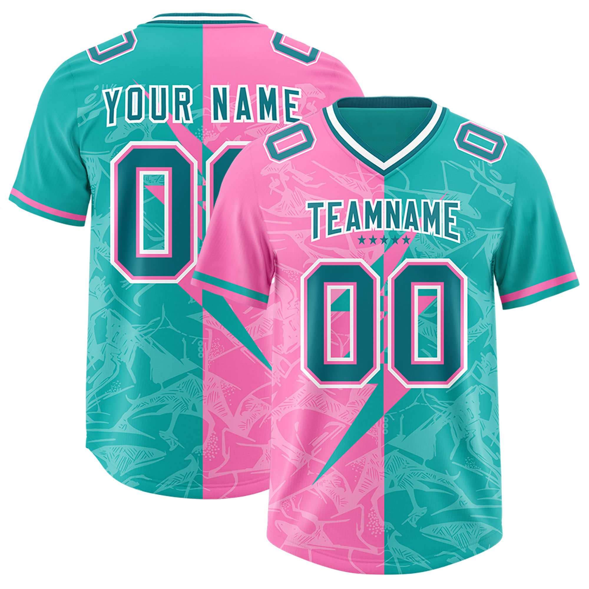 Custom Aqua Pink Split Personalized Lightning Pattern American Football Jersey