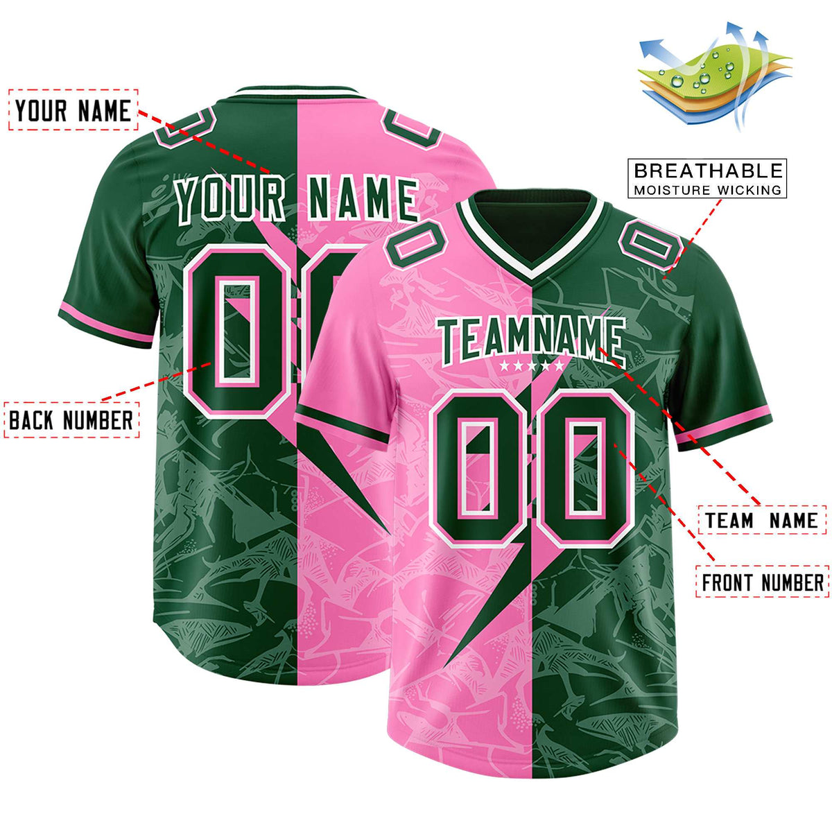 Custom Pink Green Split Personalized Lightning Pattern American Football Jersey