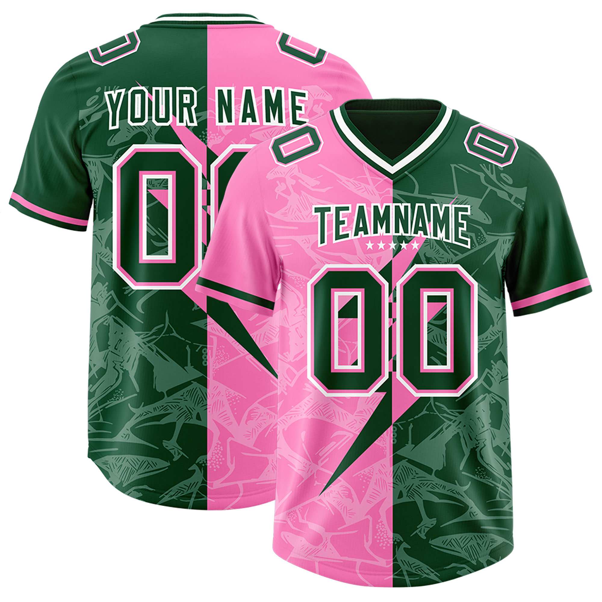 Custom Pink Green Split Personalized Lightning Pattern American Football Jersey