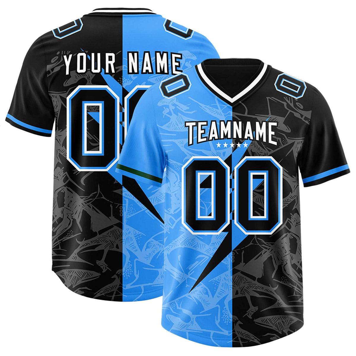Custom Black Light Blue Split Personalized Lightning Pattern American Football Jersey