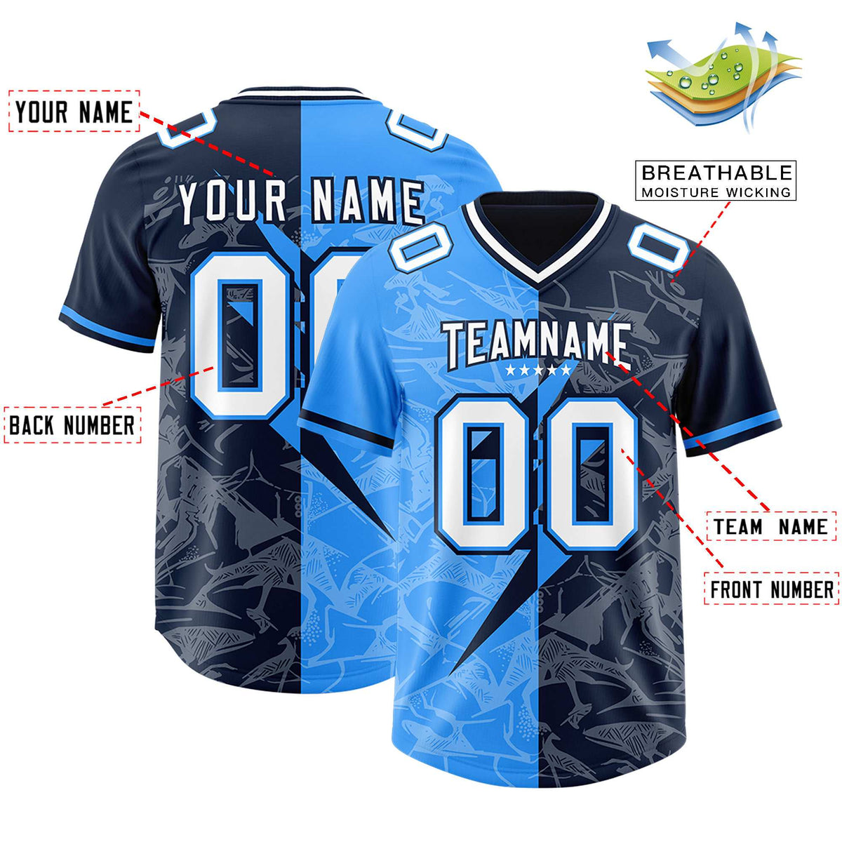 Custom Navy Light Blue Split Personalized Lightning Pattern American Football Jersey