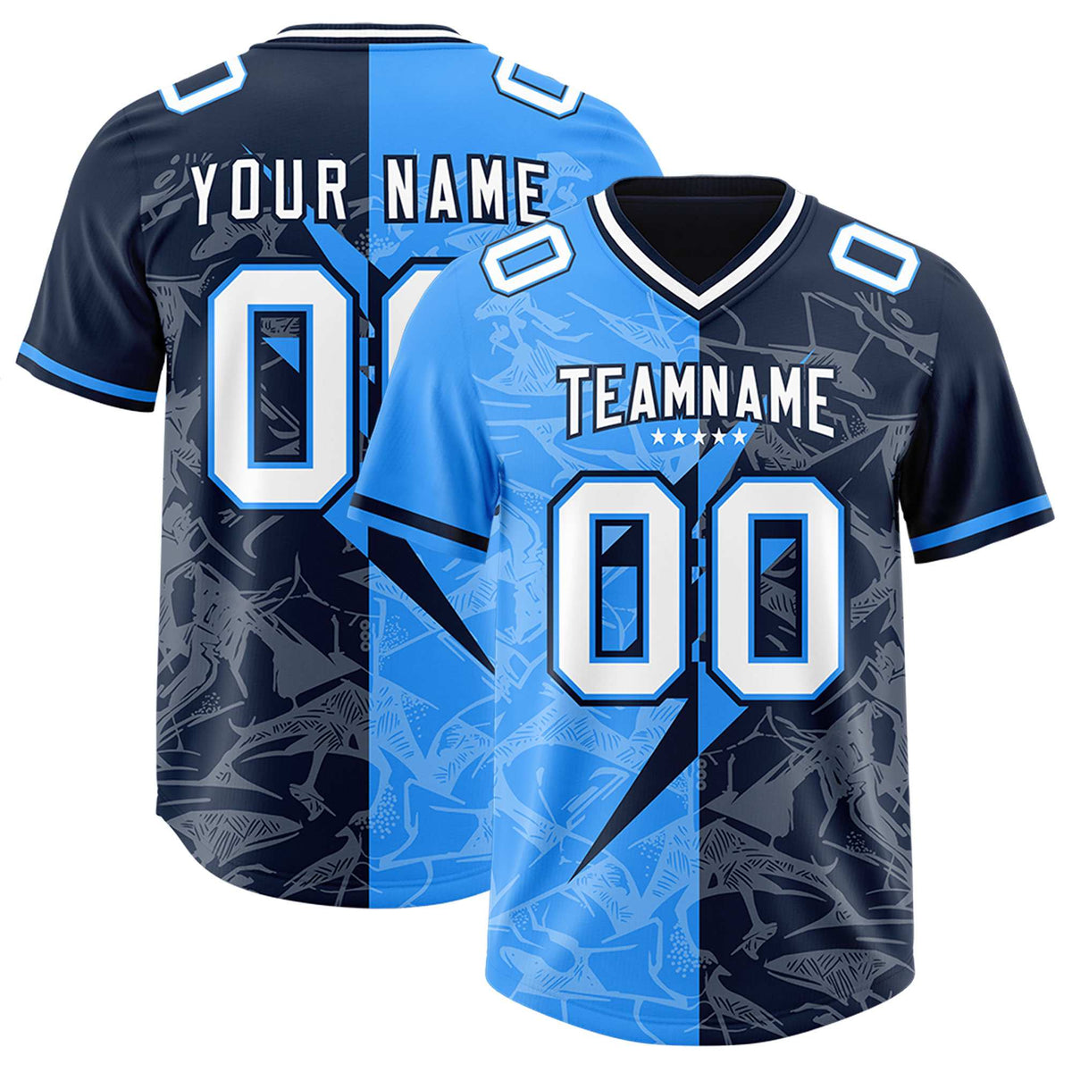 Custom Navy Light Blue Split Personalized Lightning Pattern American Football Jersey