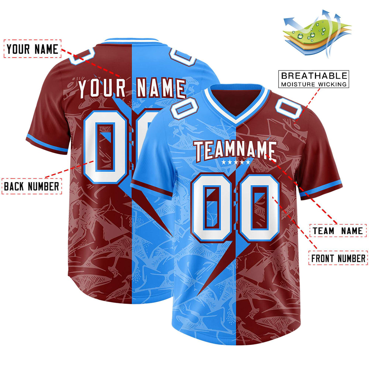 Custom Crimson Light Blue Split Personalized Lightning Pattern American Football Jersey