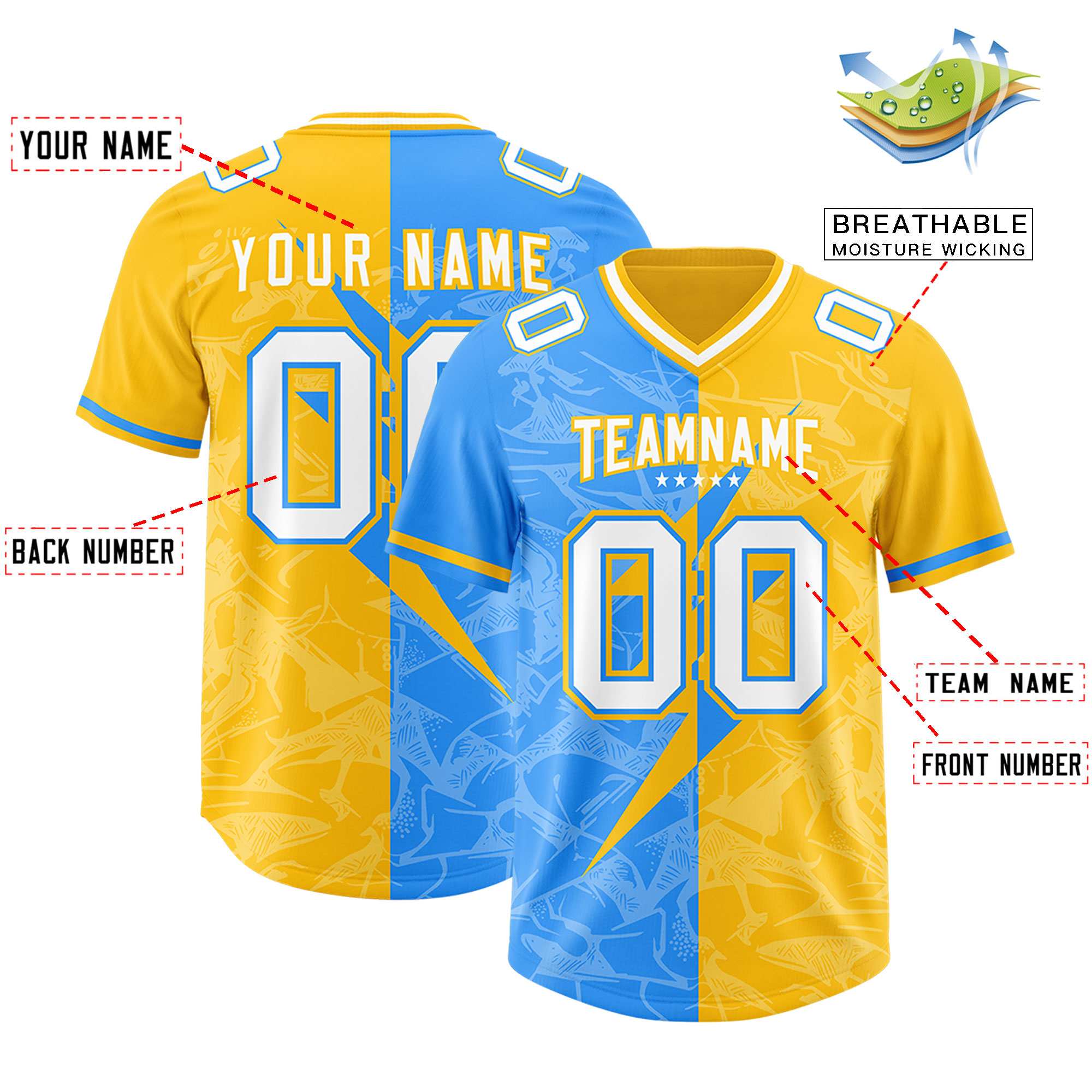 Custom Yellow Light Blue Split Personalized Lightning Pattern American Football Jersey