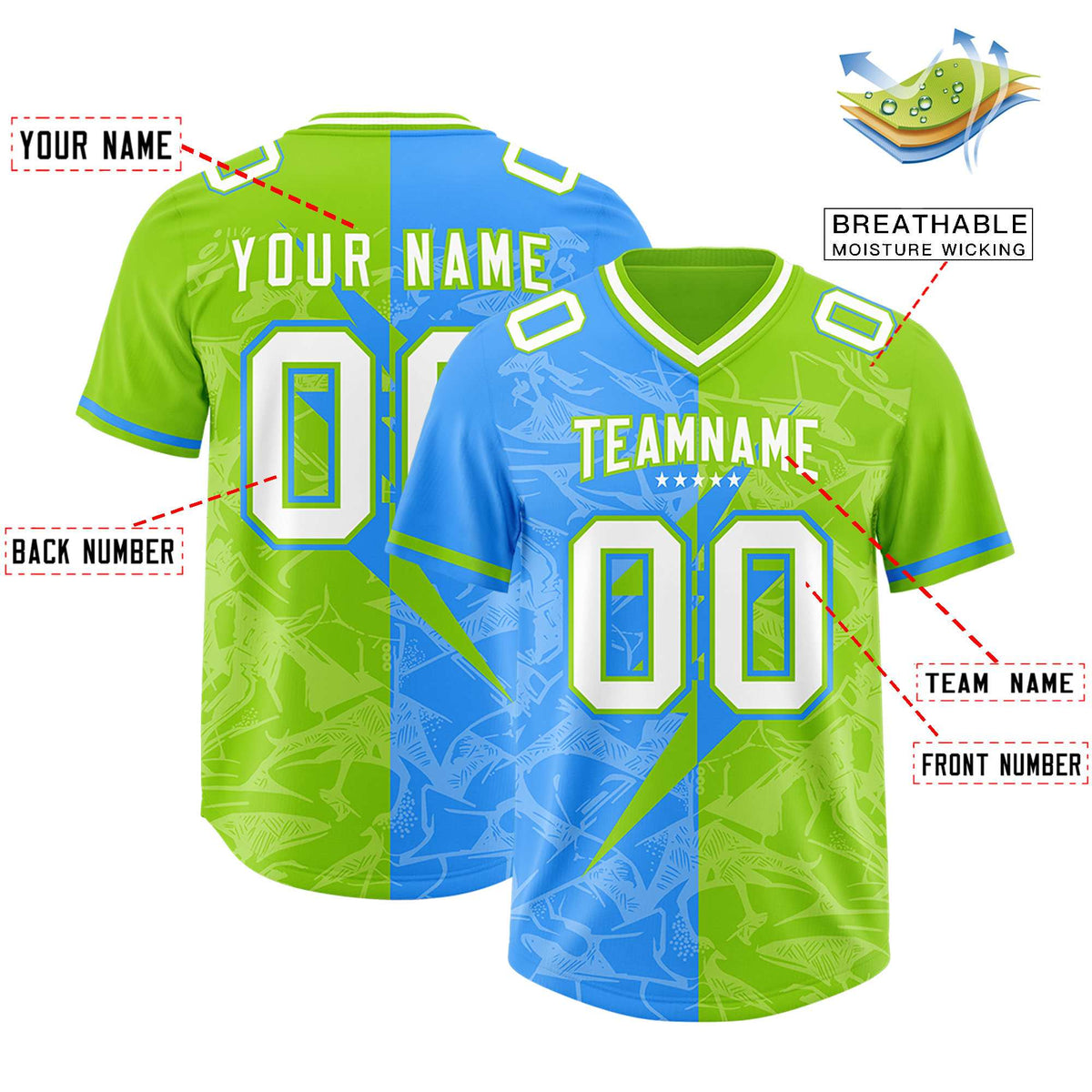 Custom Neon Green Light Blue Split Personalized Lightning Pattern American Football Jersey