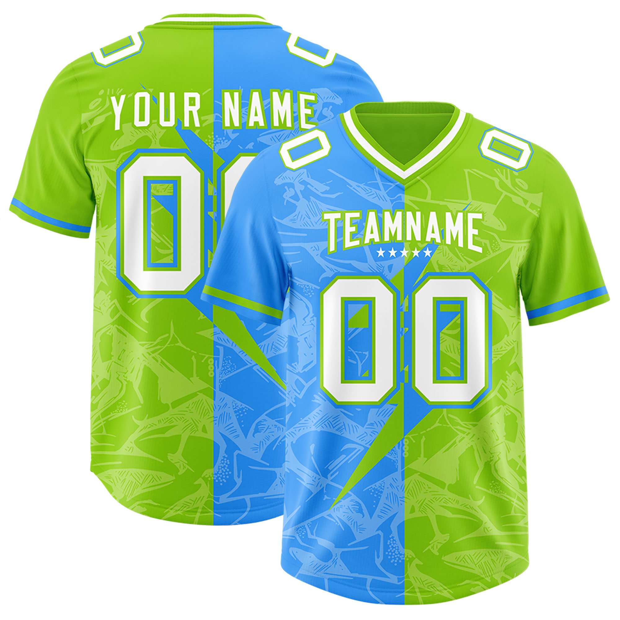 Custom Neon Green Light Blue Split Personalized Lightning Pattern American Football Jersey