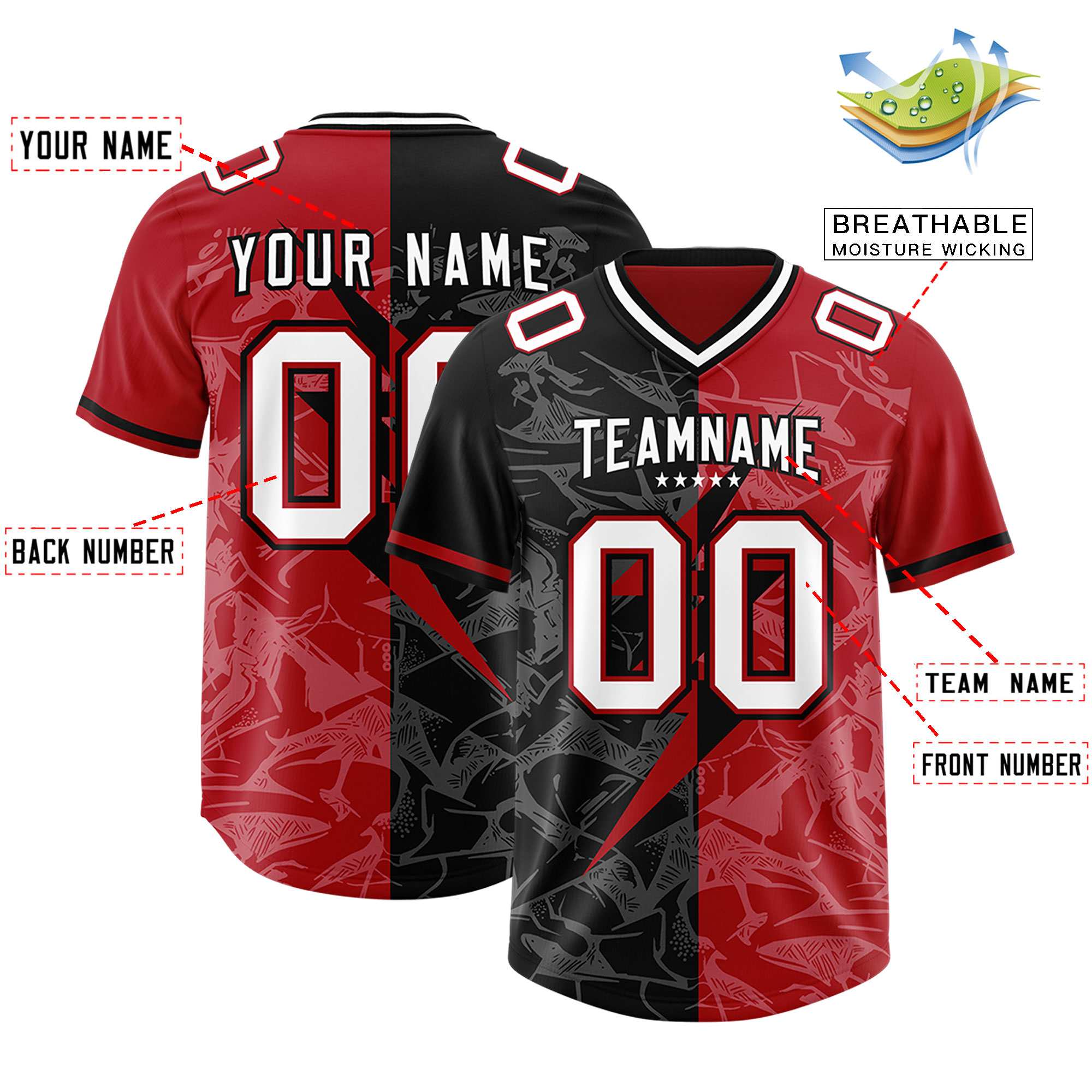 Custom Black Red Split Personalized Lightning Pattern American Football Jersey
