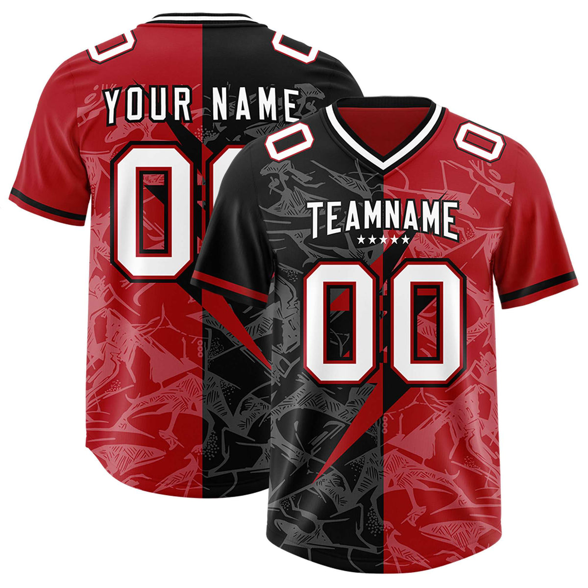Custom Black Red Split Personalized Lightning Pattern American Football Jersey