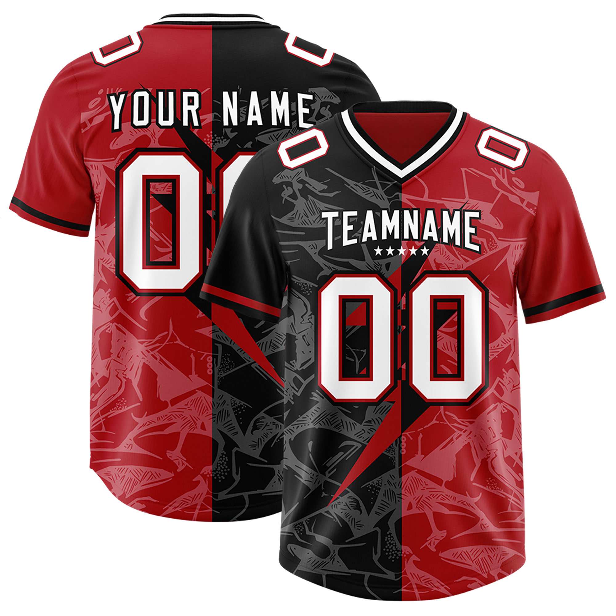 Custom Black Red Split Personalized Lightning Pattern American Football Jersey