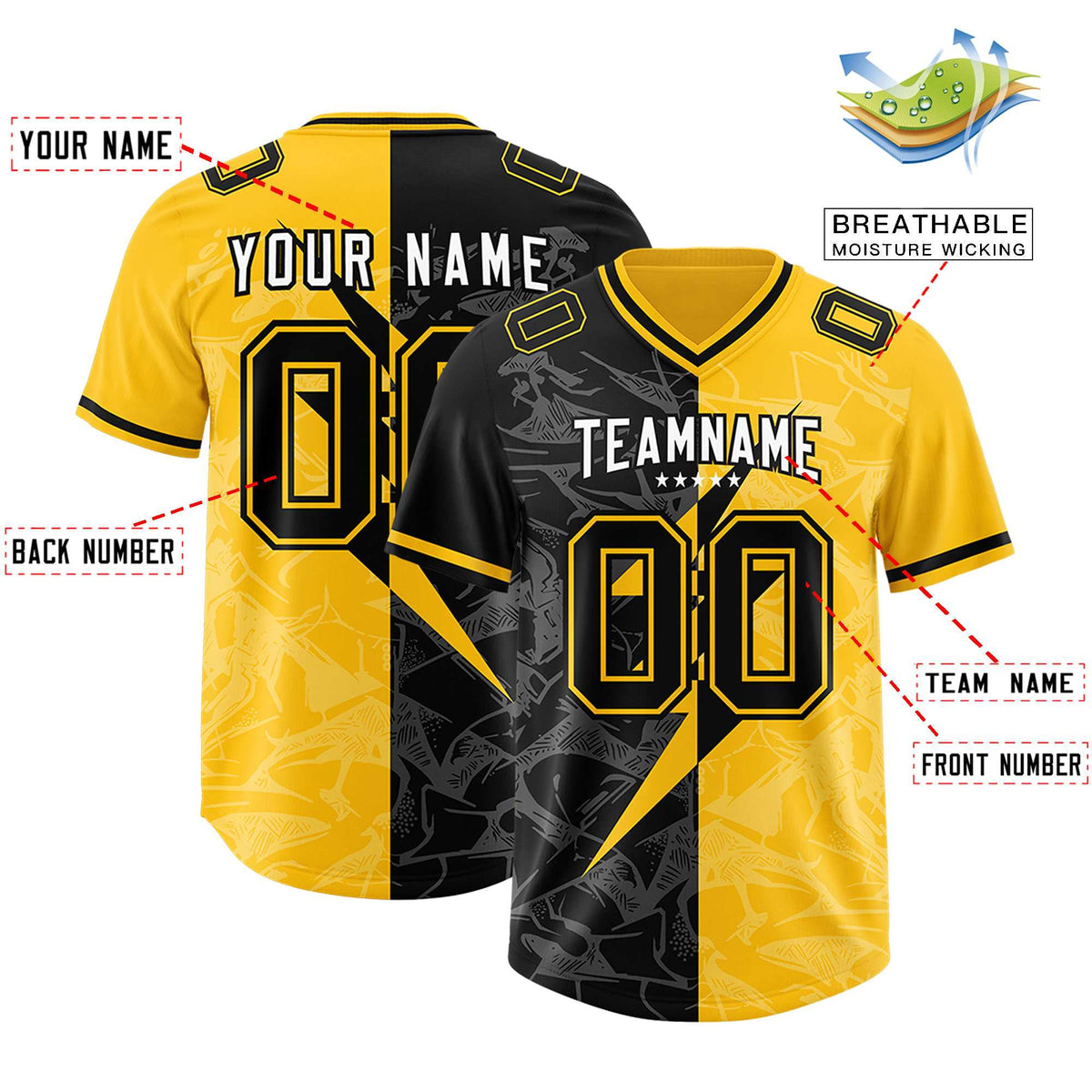 Custom Yellow Black Split Personalized Lightning Pattern American Football Jersey