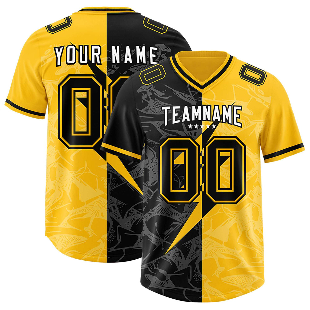 Custom Yellow Black Split Personalized Lightning Pattern American Football Jersey