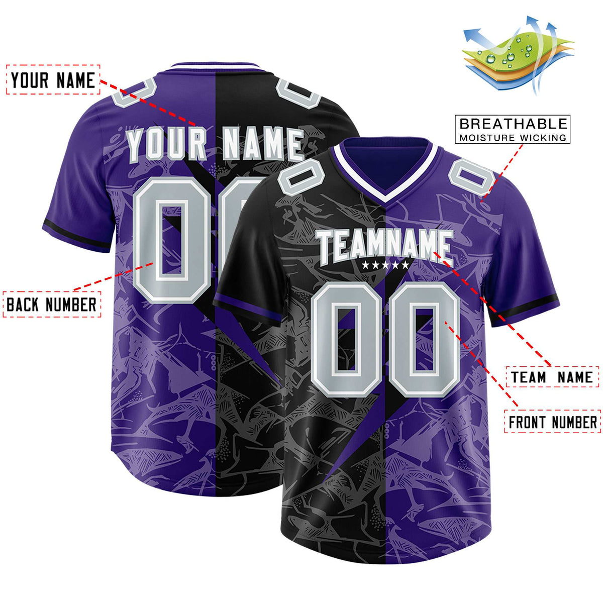 Custom Purple Black Split Personalized Lightning Pattern American Football Jersey