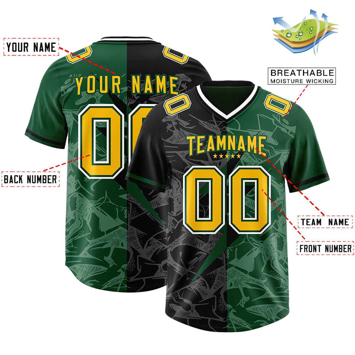 Custom Black Green Split Personalized Lightning Pattern American Football Jersey