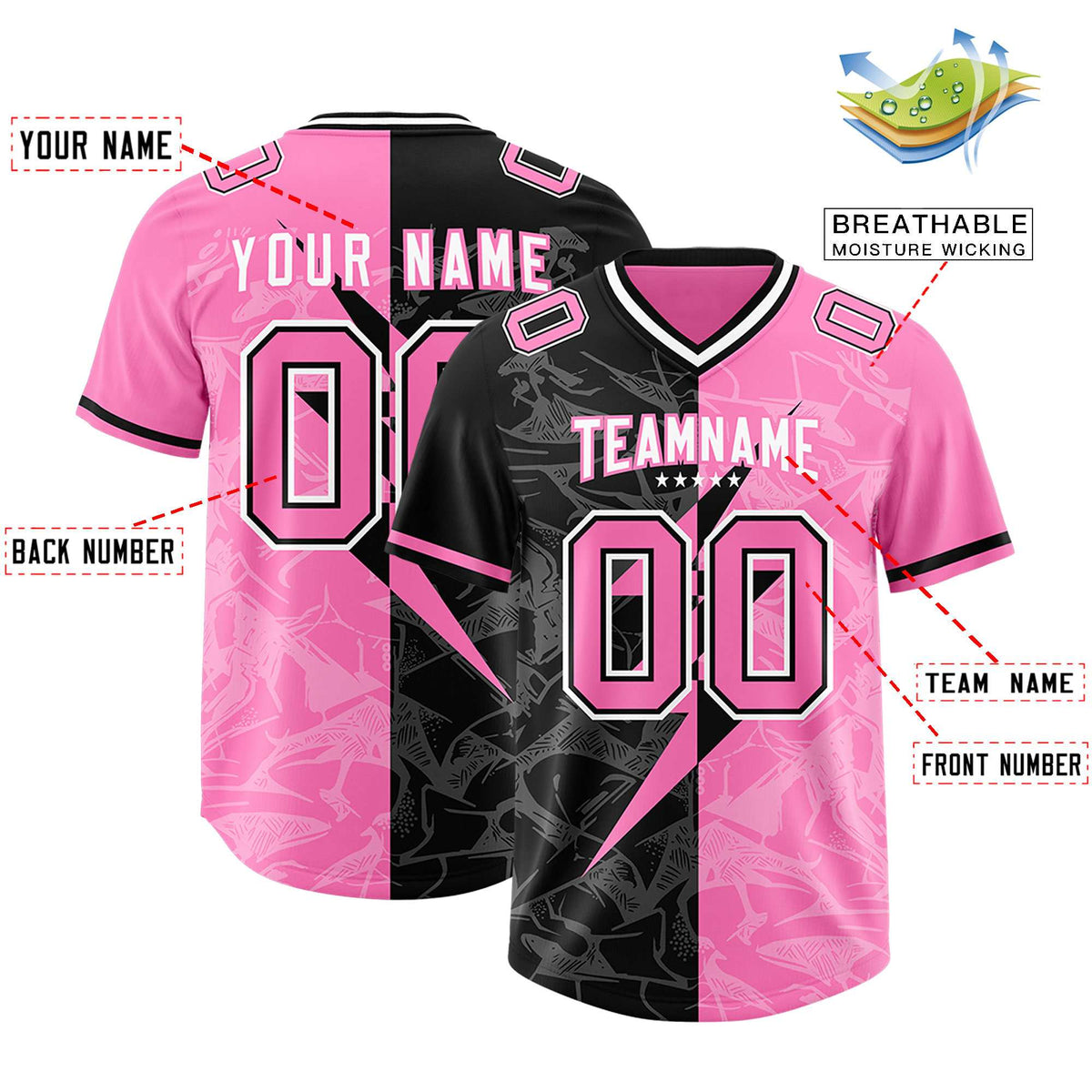 Custom Pink Black Split Personalized Lightning Pattern American Football Jersey