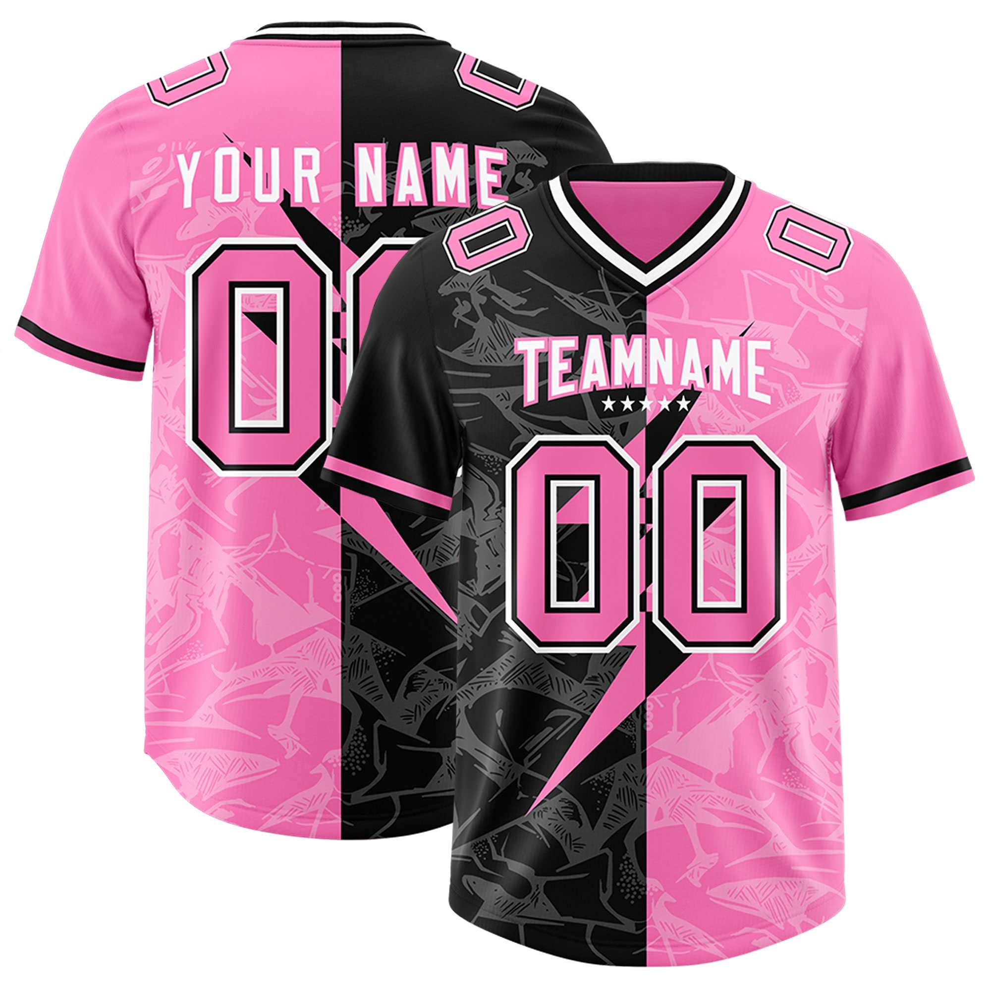 Custom Pink Black Split Personalized Lightning Pattern American Football Jersey