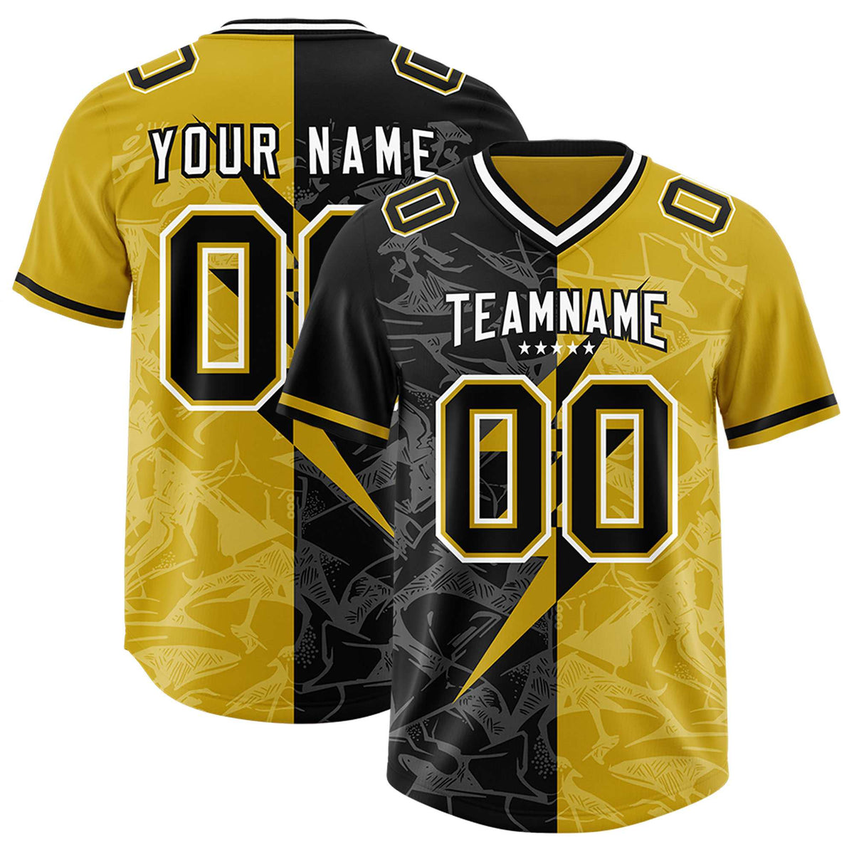 Custom Old Gold Black Split Personalized Lightning Pattern American Football Jersey