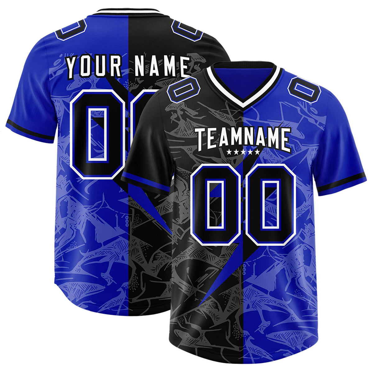 Custom Royal Black Split Personalized Lightning Pattern American Football Jersey