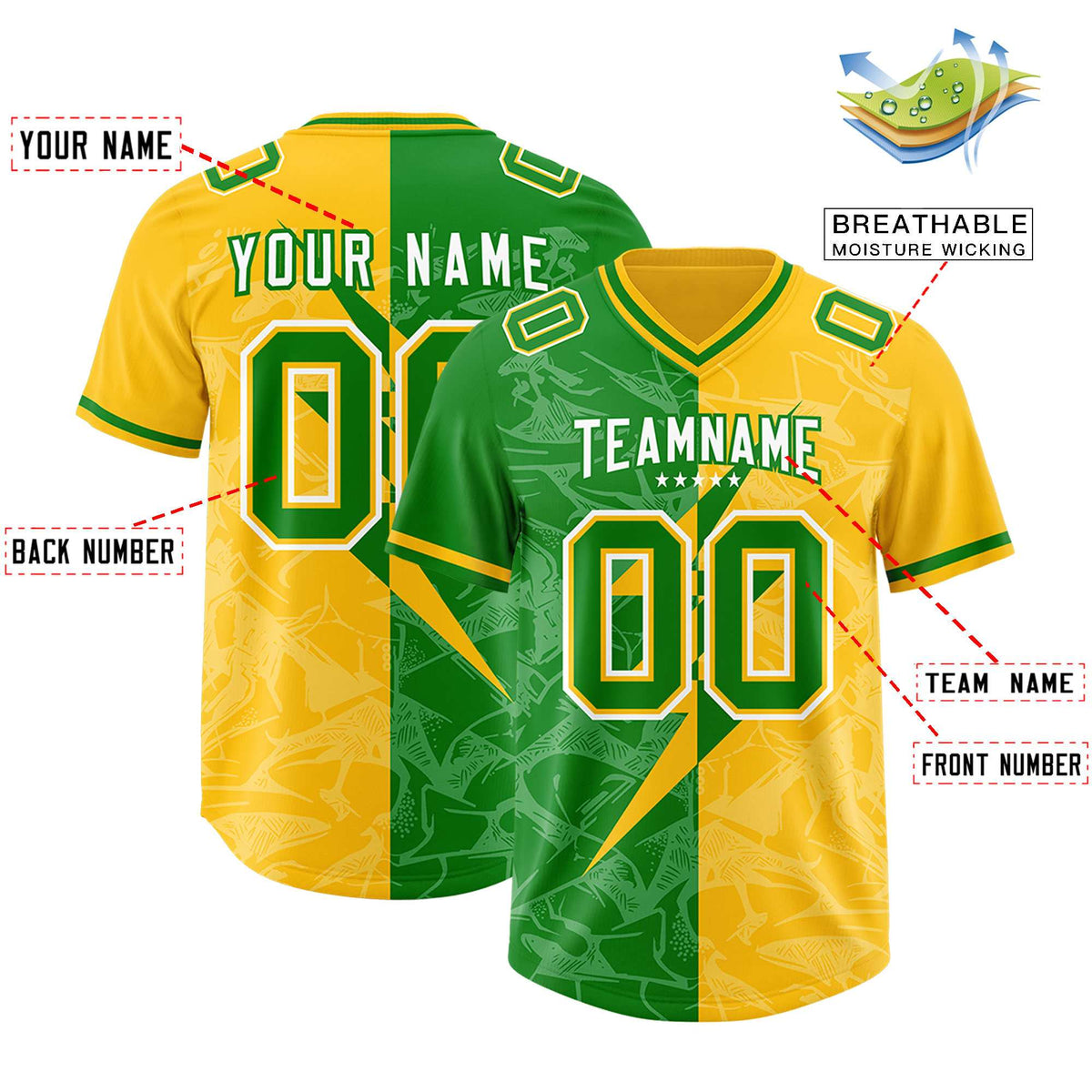 Custom Kelly Green Yellow Split Personalized Lightning Pattern American Football Jersey